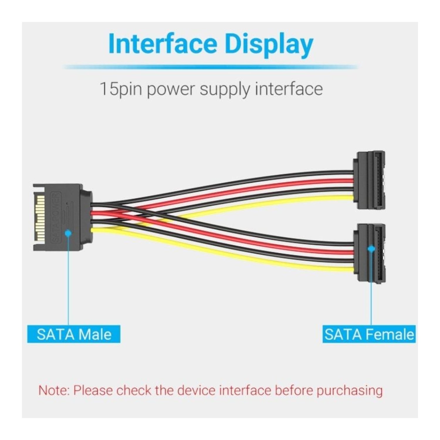 Cable Alimentación Vention KDBBB/ SATA Macho - 2x SATA Hembra/ 15cm/ Negro
