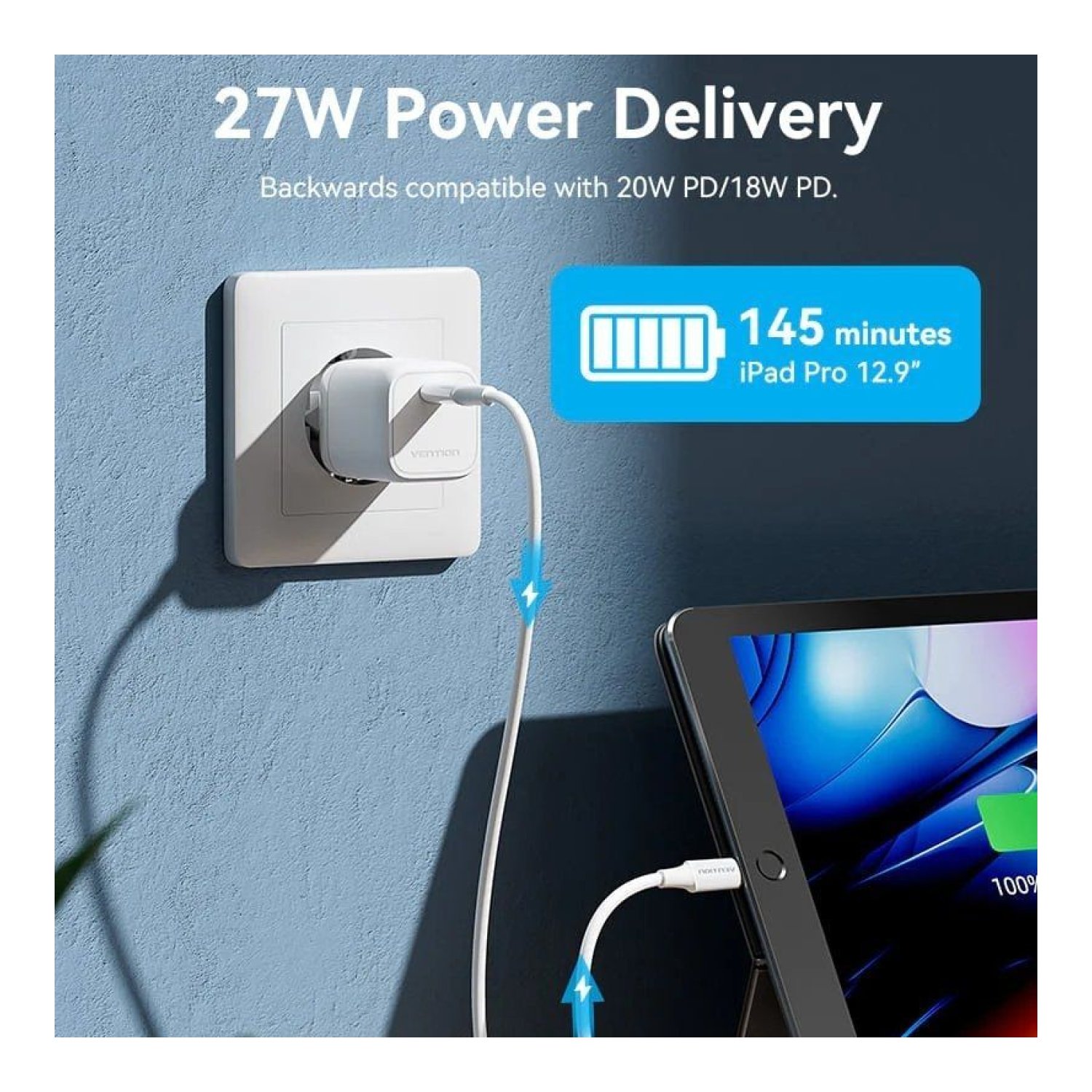 Cable USB 2.0 Tipo-C Lightning Vention LAJWF/ USB Tipo-C Macho - Lightning Macho/ Hasta 27W/ 480Mbps/ 1m/ Blanco