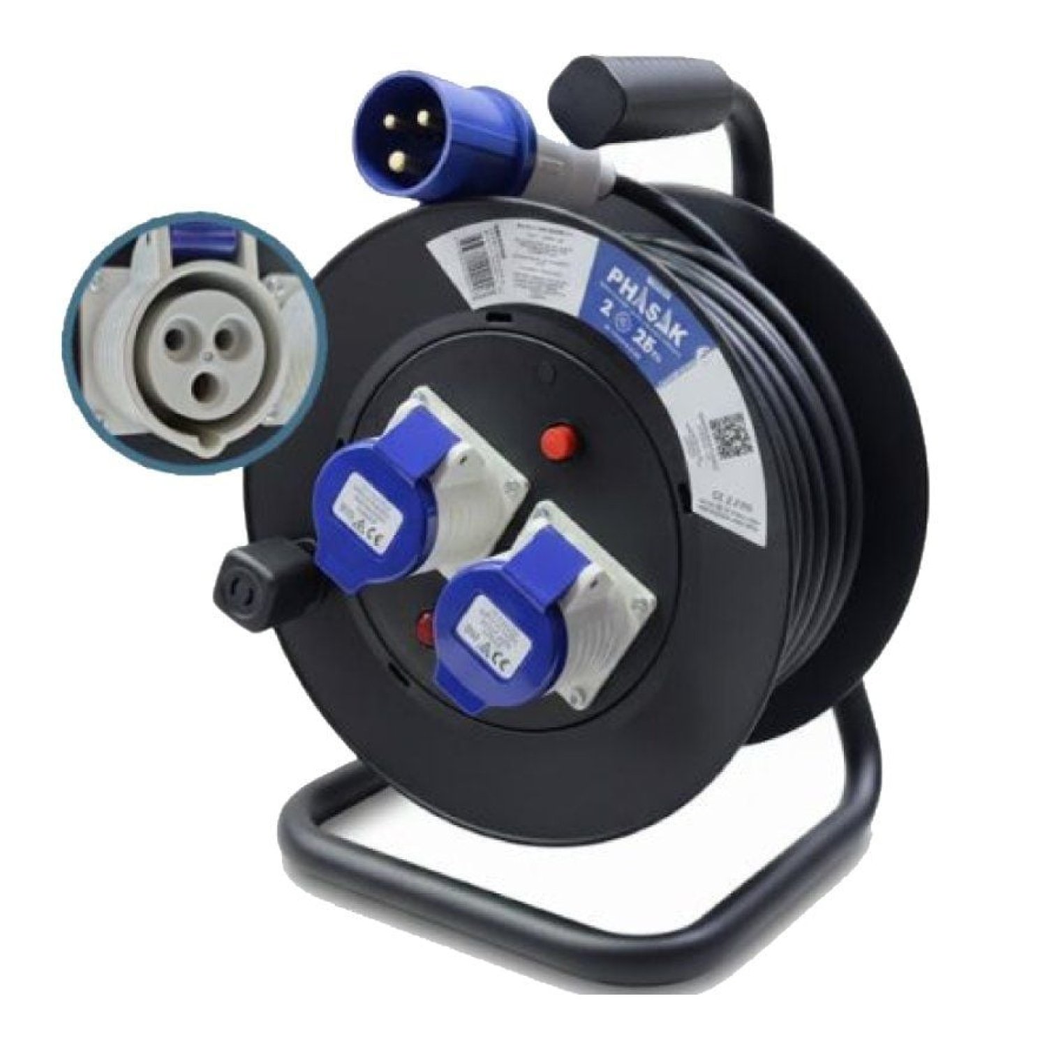 Phasak Regleta Enrollable · 2 Enchufes Industriales 2P+TT · Cable 25m · Negro
