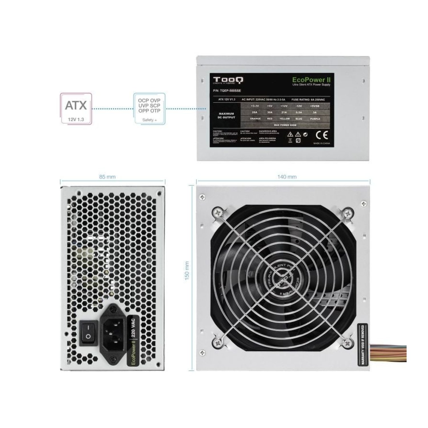TooQ TQEP-500SSE · Fuente 500W · Ventilador 12cm