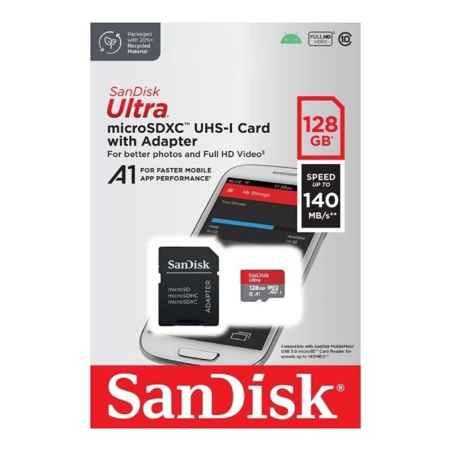 SanDisk Ultra · microSD XC 128GB · Clase 10 · 140MB/s · Con Adaptador