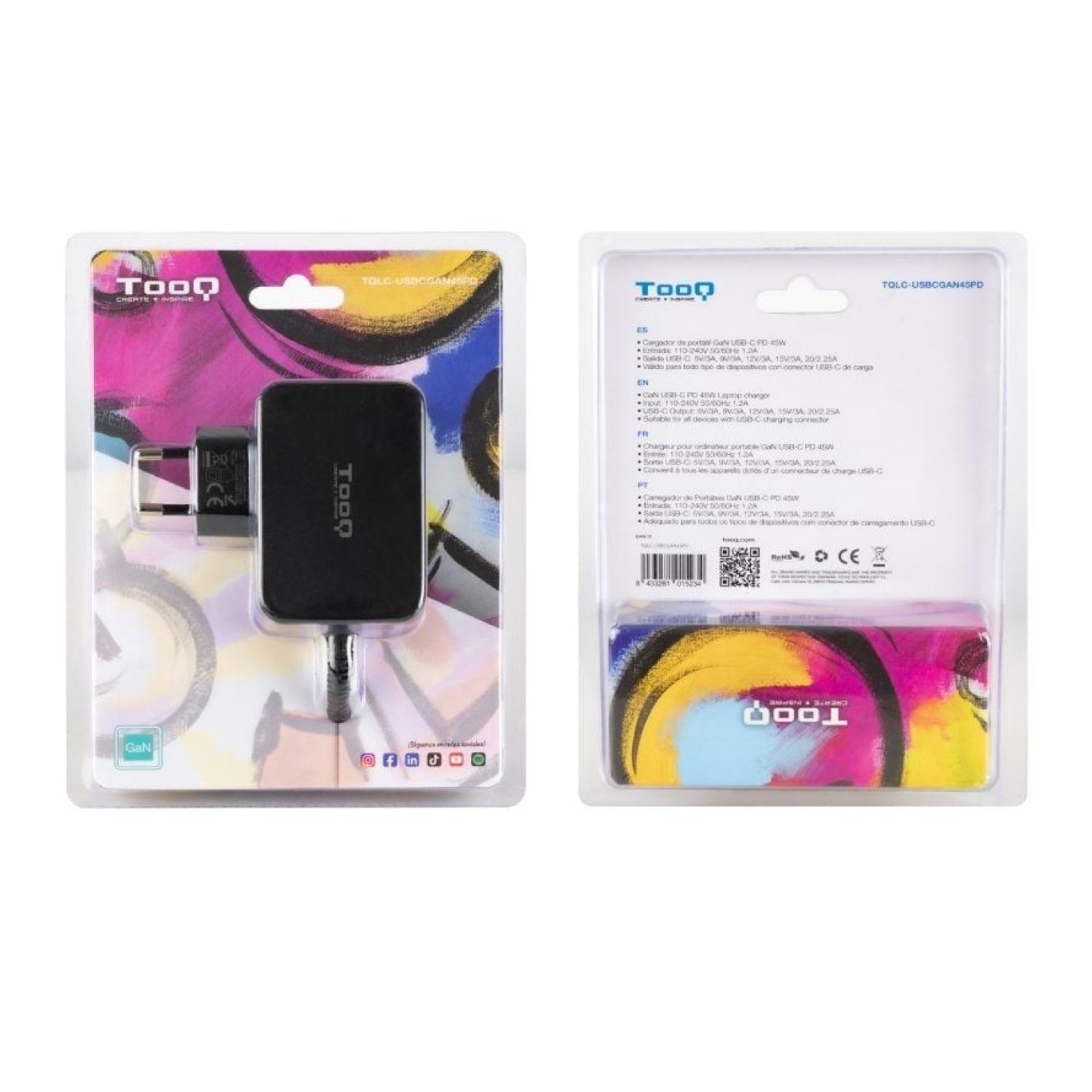 TooQ Cargador GaN · USB-C · 45W · 5-20V Automático