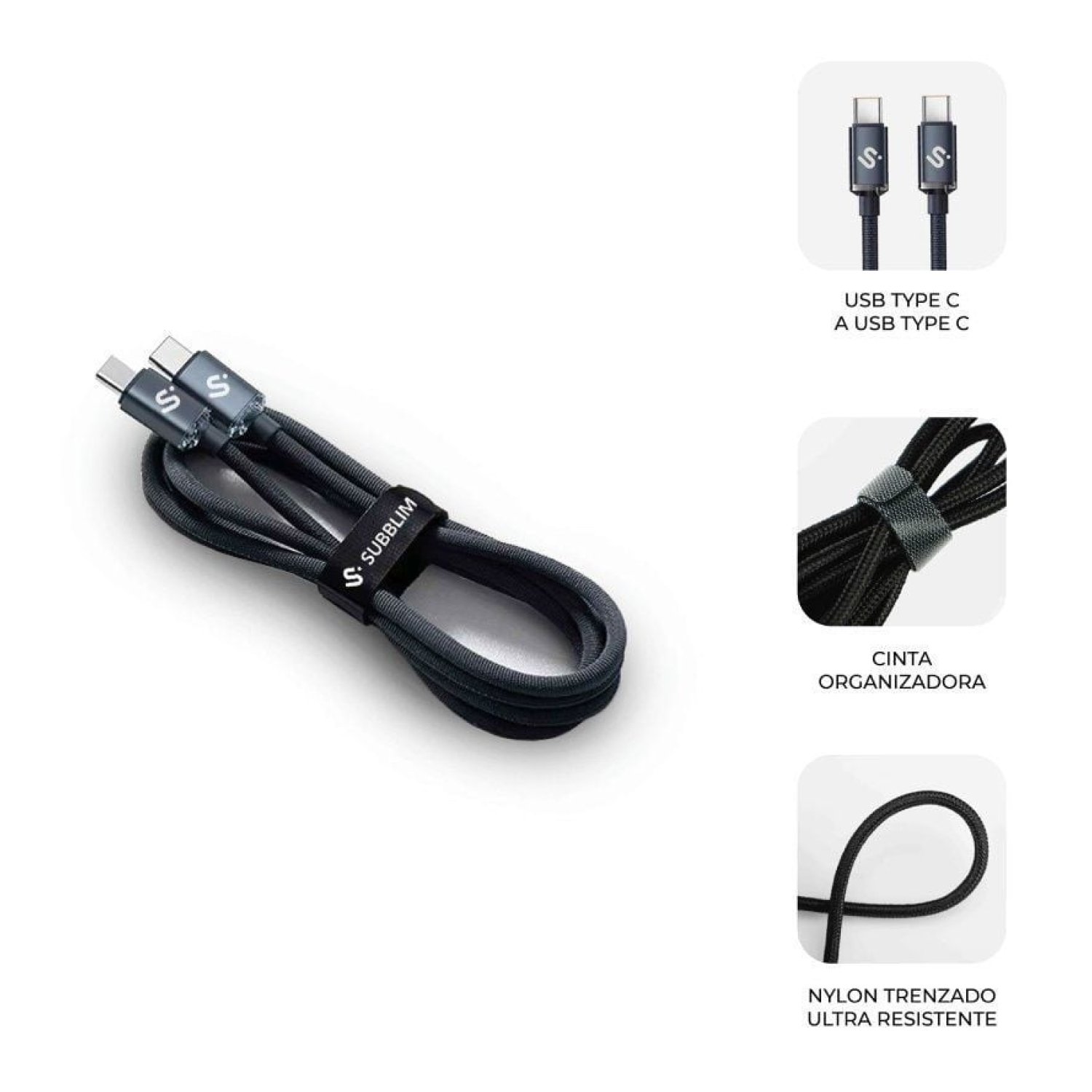 Subblim Optimus · Cable USB-C a USB-C · 2m · 60W · 480Mbps · Negro
