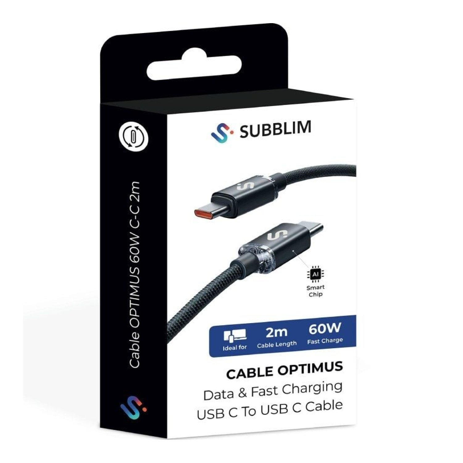 Subblim Optimus · Cable USB-C a USB-C · 2m · 60W · 480Mbps · Negro