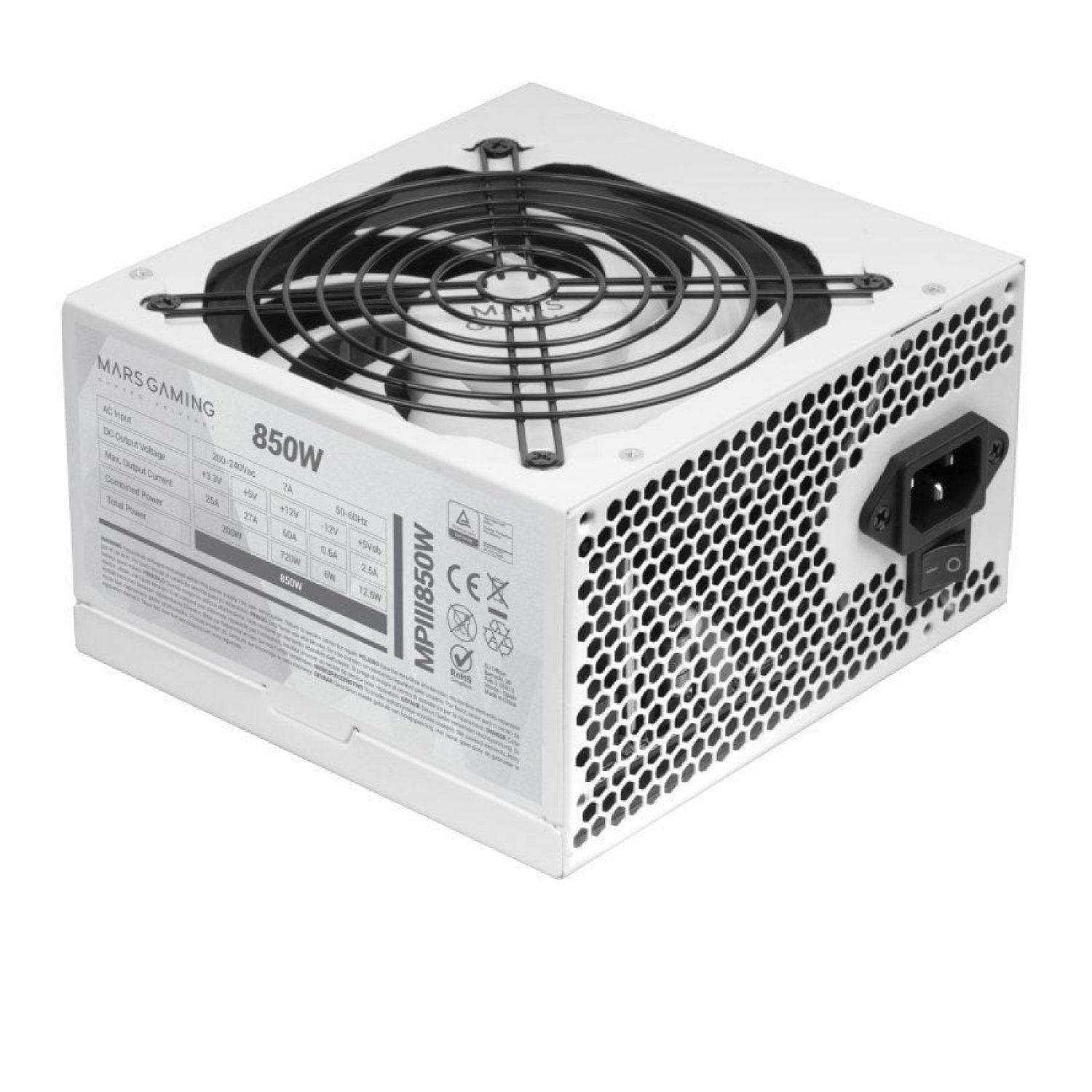 Mars Gaming MPIII · Fuente 850W · Ventilador 12cm · Blanca