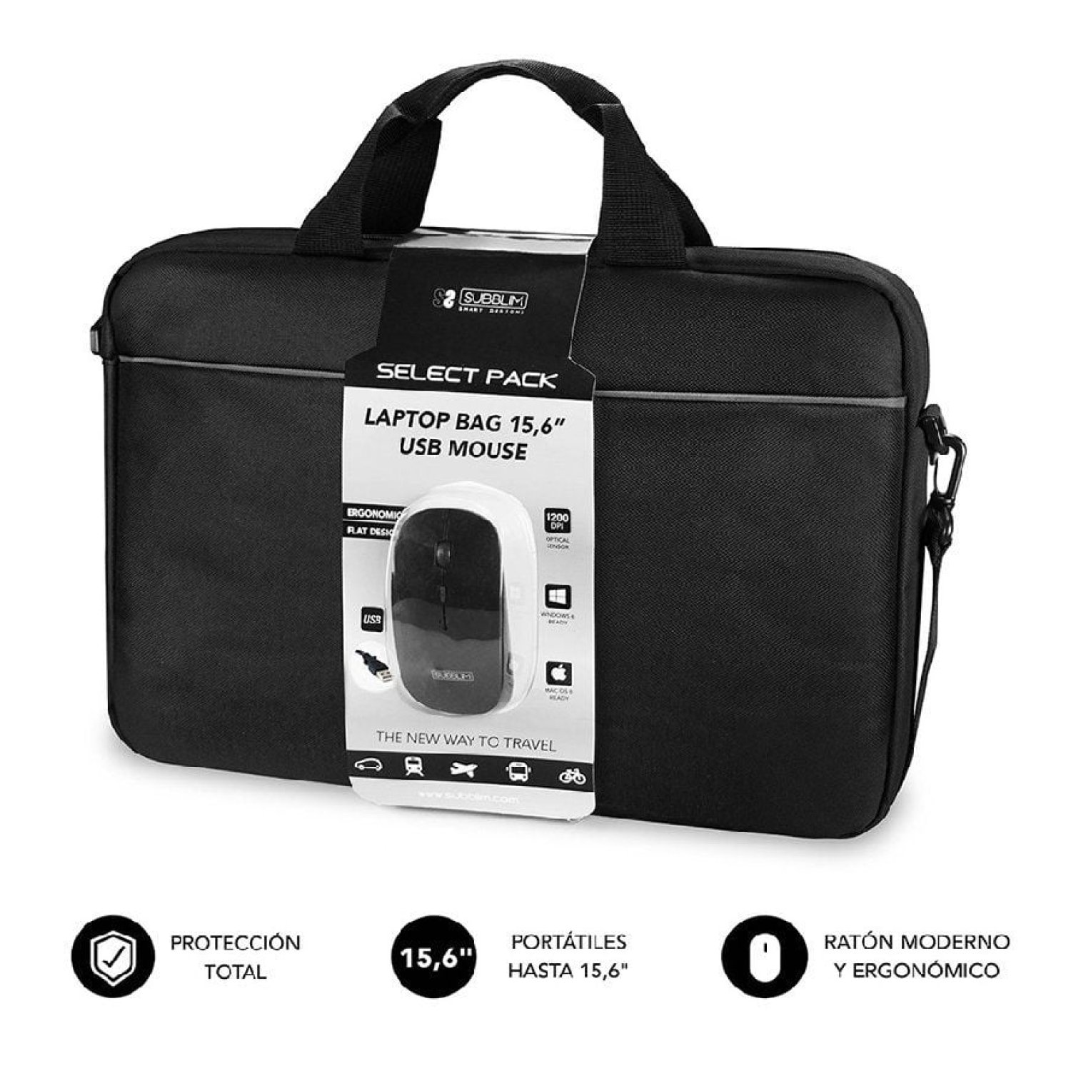 Subblim Select Pack · Maletín + Ratón · Portátiles hasta 15,6" · Correa Trolley
