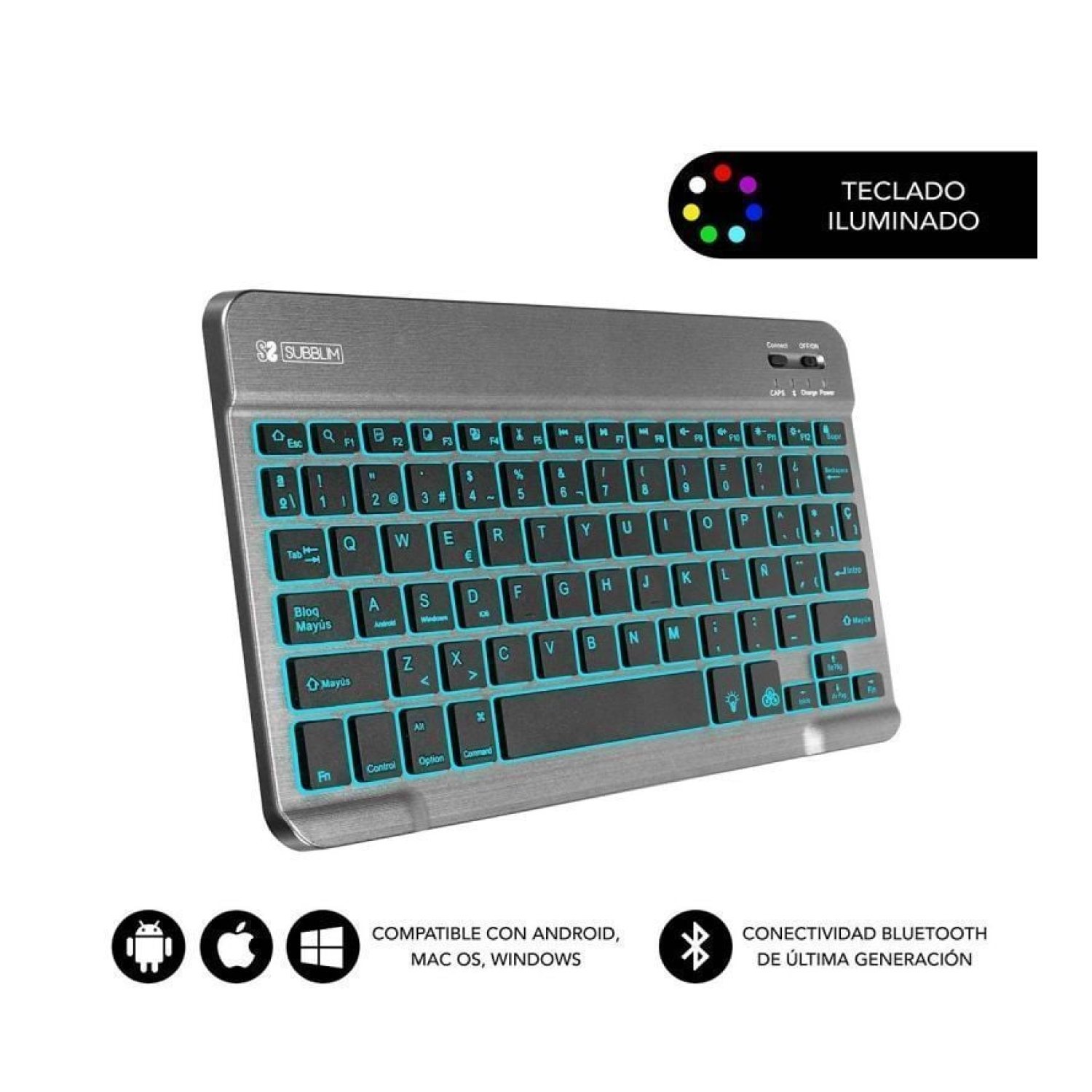 Subblim Smart Backlit · Teclado Compacto Inalámbrico · Retroiluminado · Gris