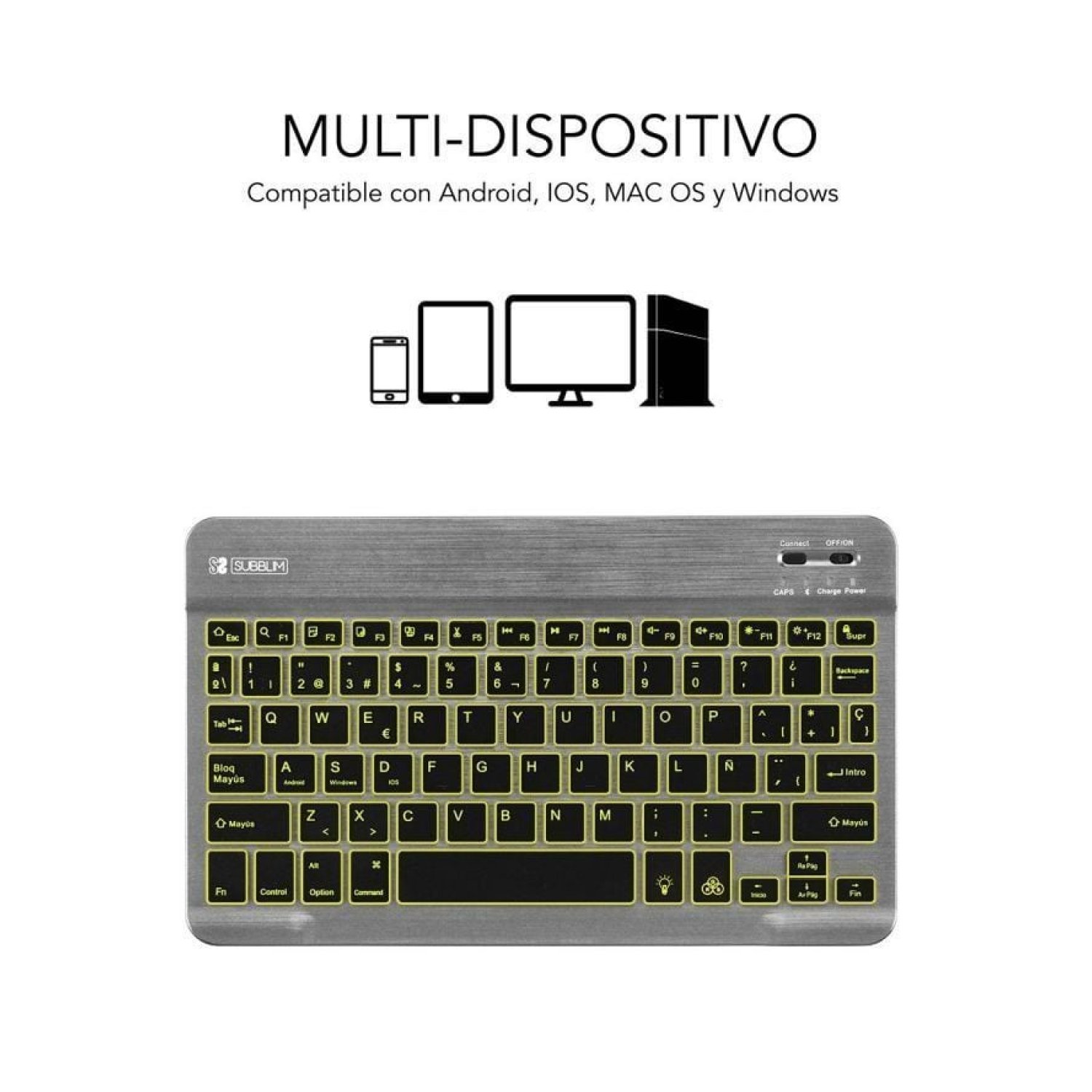 Subblim Smart Backlit · Teclado Compacto Inalámbrico · Retroiluminado · Gris