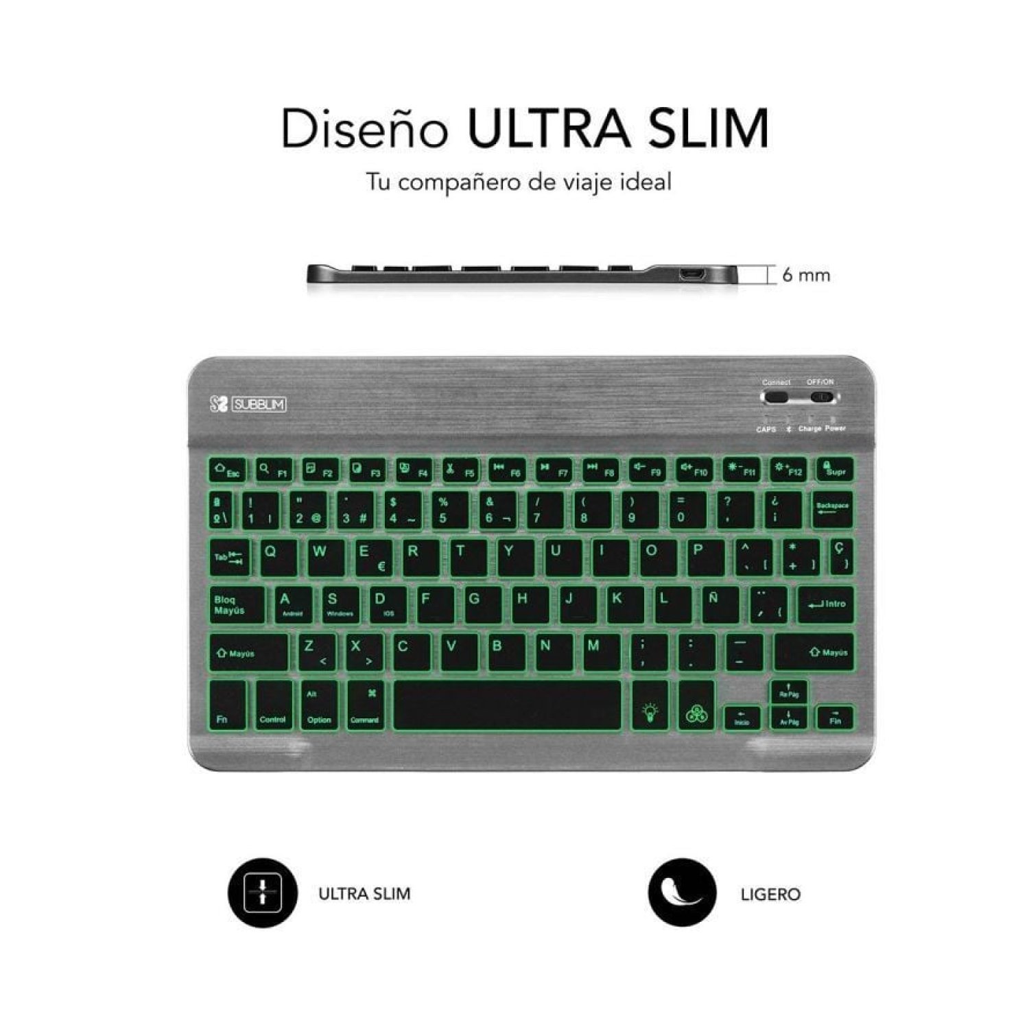 Subblim Smart Backlit · Teclado Compacto Inalámbrico · Retroiluminado · Gris