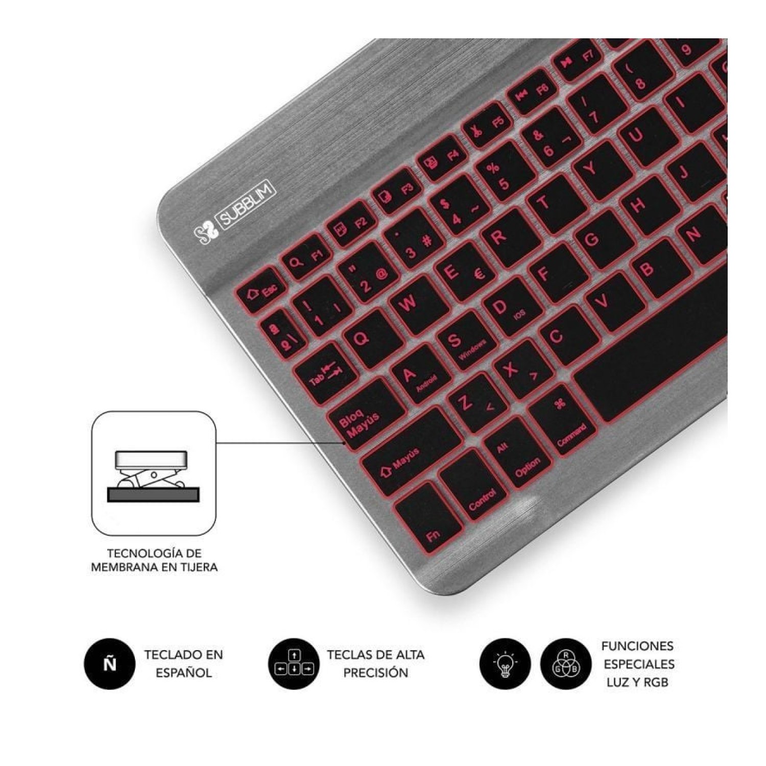 Subblim Smart Backlit · Teclado Compacto Inalámbrico · Retroiluminado · Gris