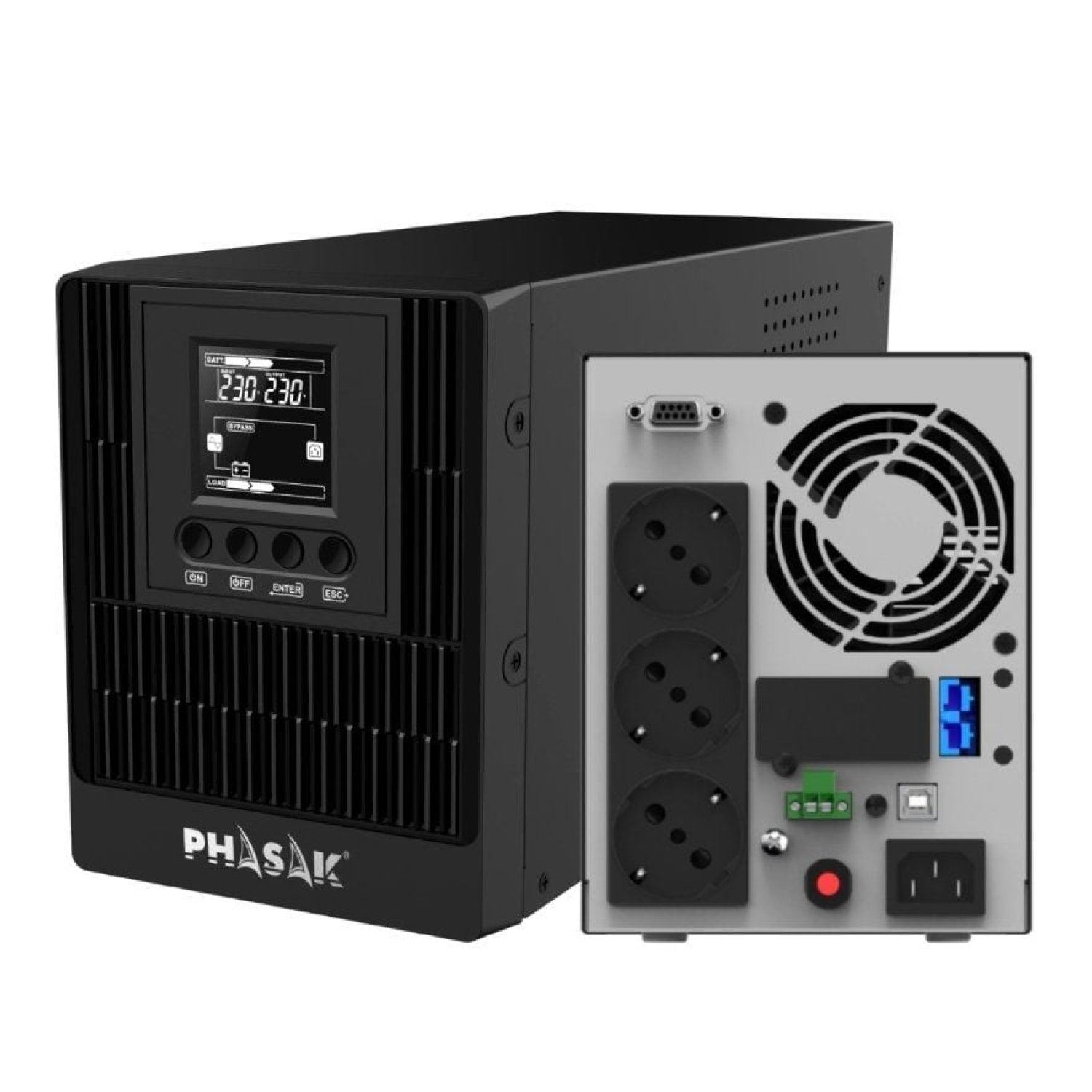Phasak SAI Online 1000 VA · 1000W · 3 Salidas · LCD · Torre
