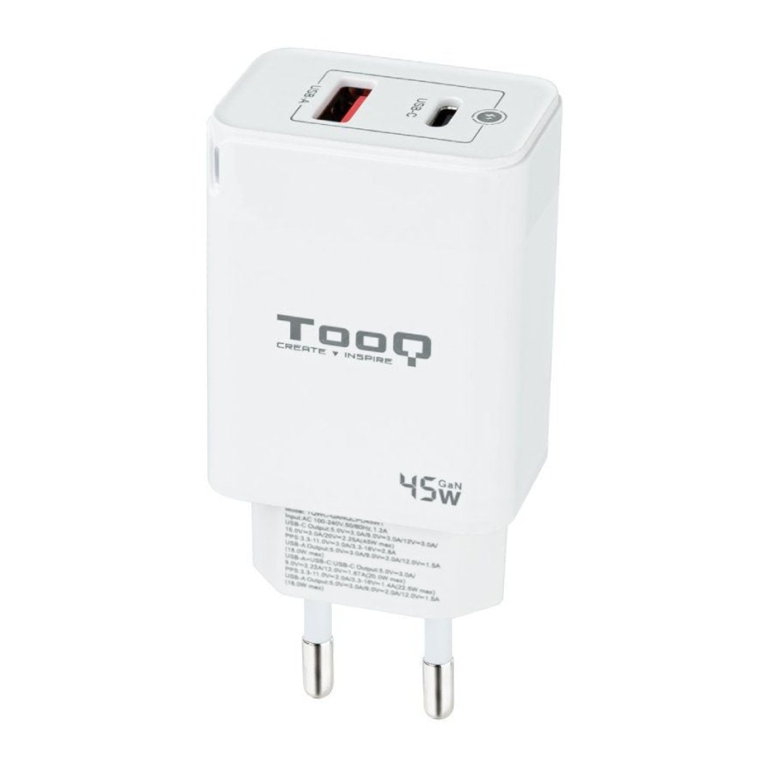 TooQ Cargador GaN · 45W · 1x USB Tipo-C · 1x USB · Pared