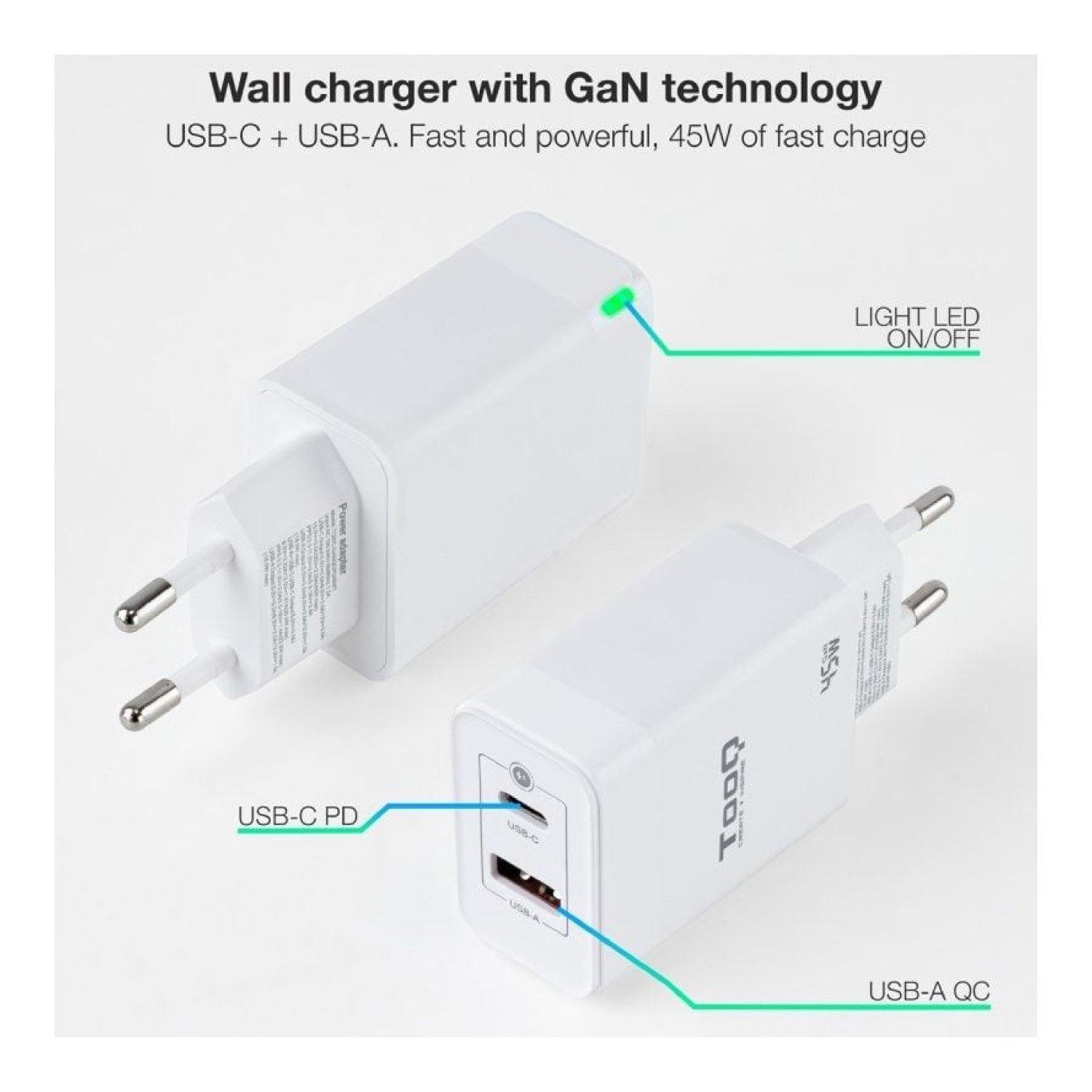 TooQ Cargador GaN · 45W · 1x USB Tipo-C · 1x USB · Pared