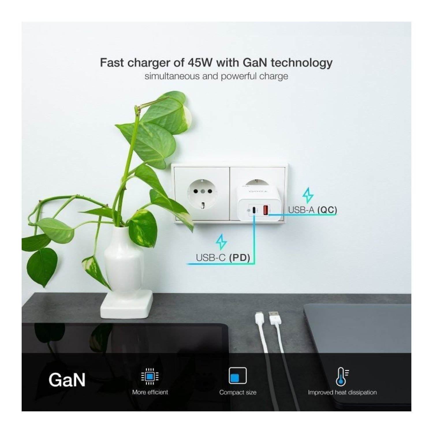 TooQ Cargador GaN · 45W · 1x USB Tipo-C · 1x USB · Pared