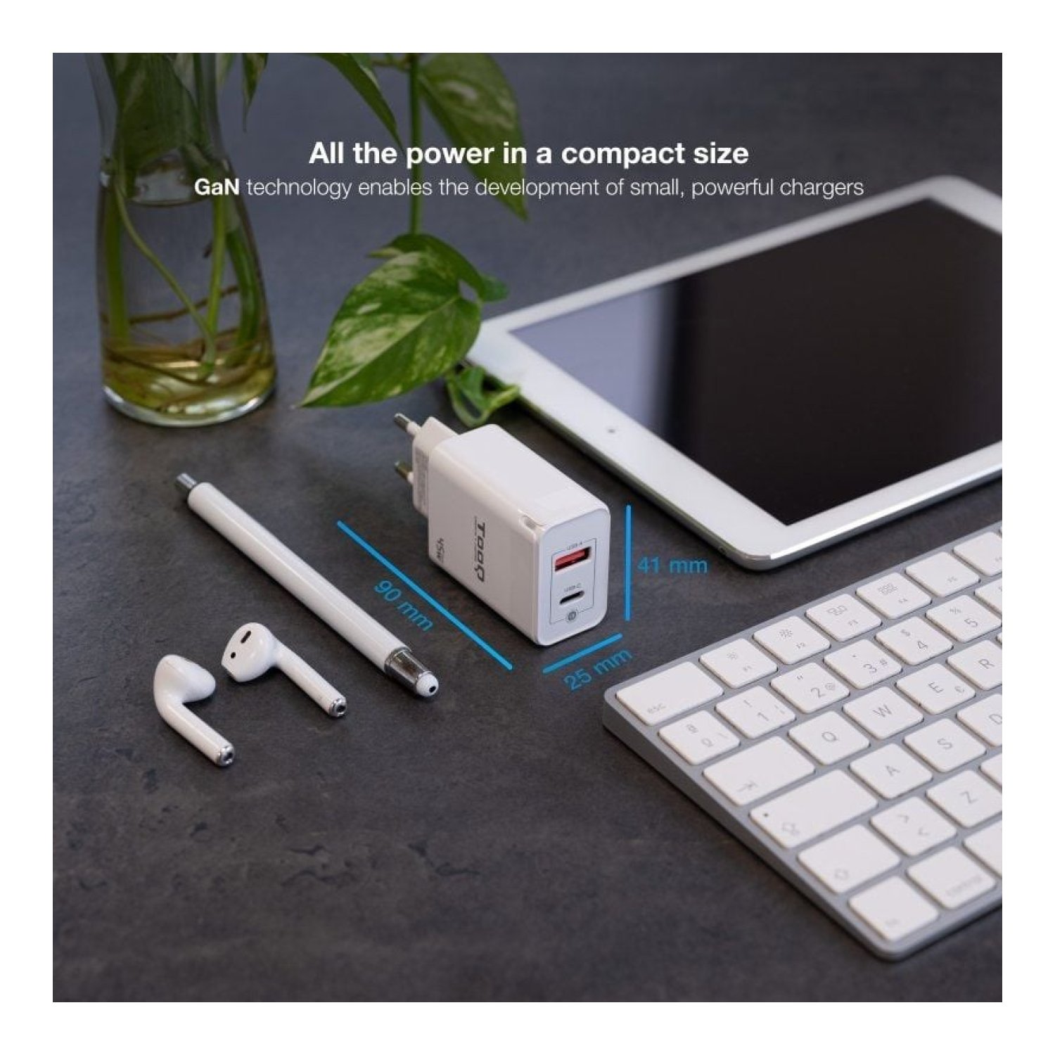 TooQ Cargador GaN · 45W · 1x USB Tipo-C · 1x USB · Pared