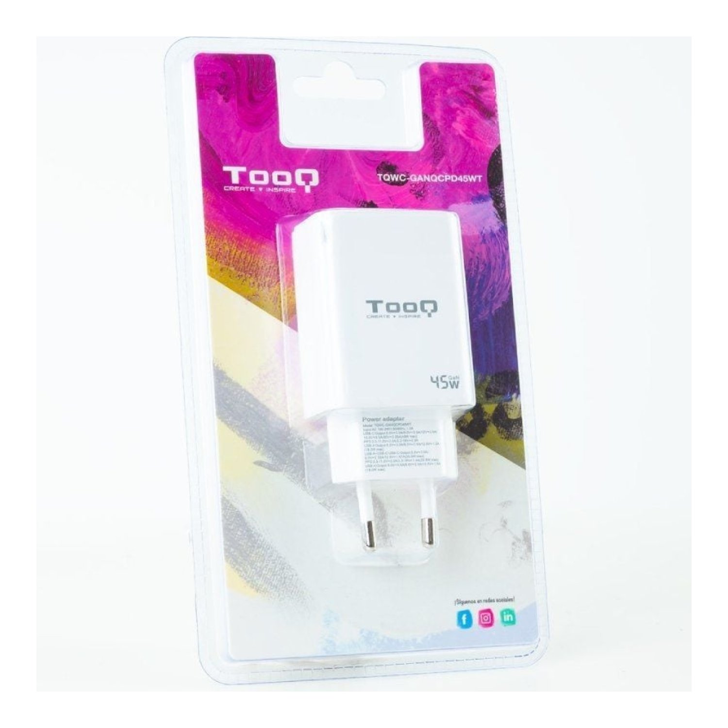 TooQ Cargador GaN · 45W · 1x USB Tipo-C · 1x USB · Pared