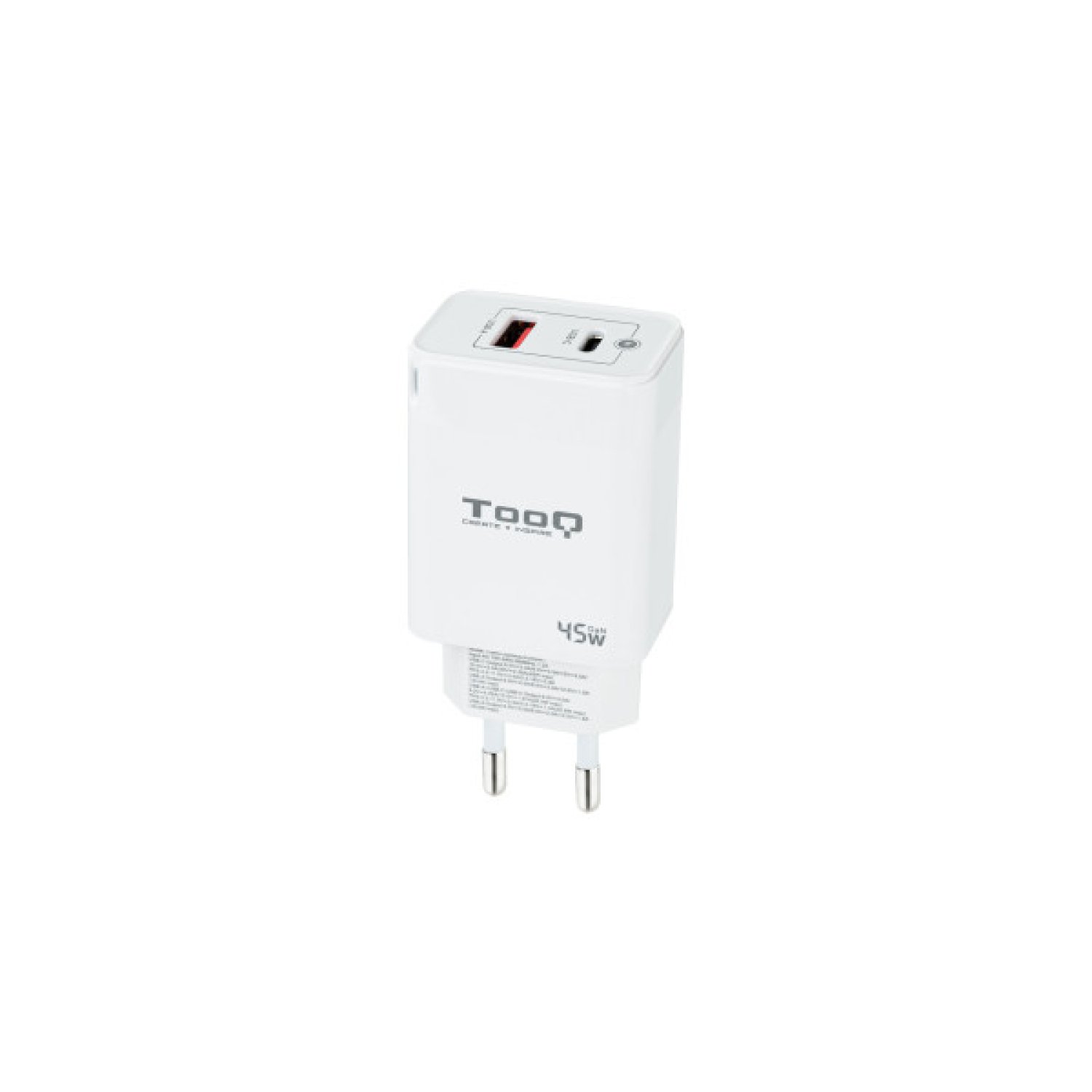 TooQ Cargador GaN · 45W · 1x USB Tipo-C · 1x USB · Pared