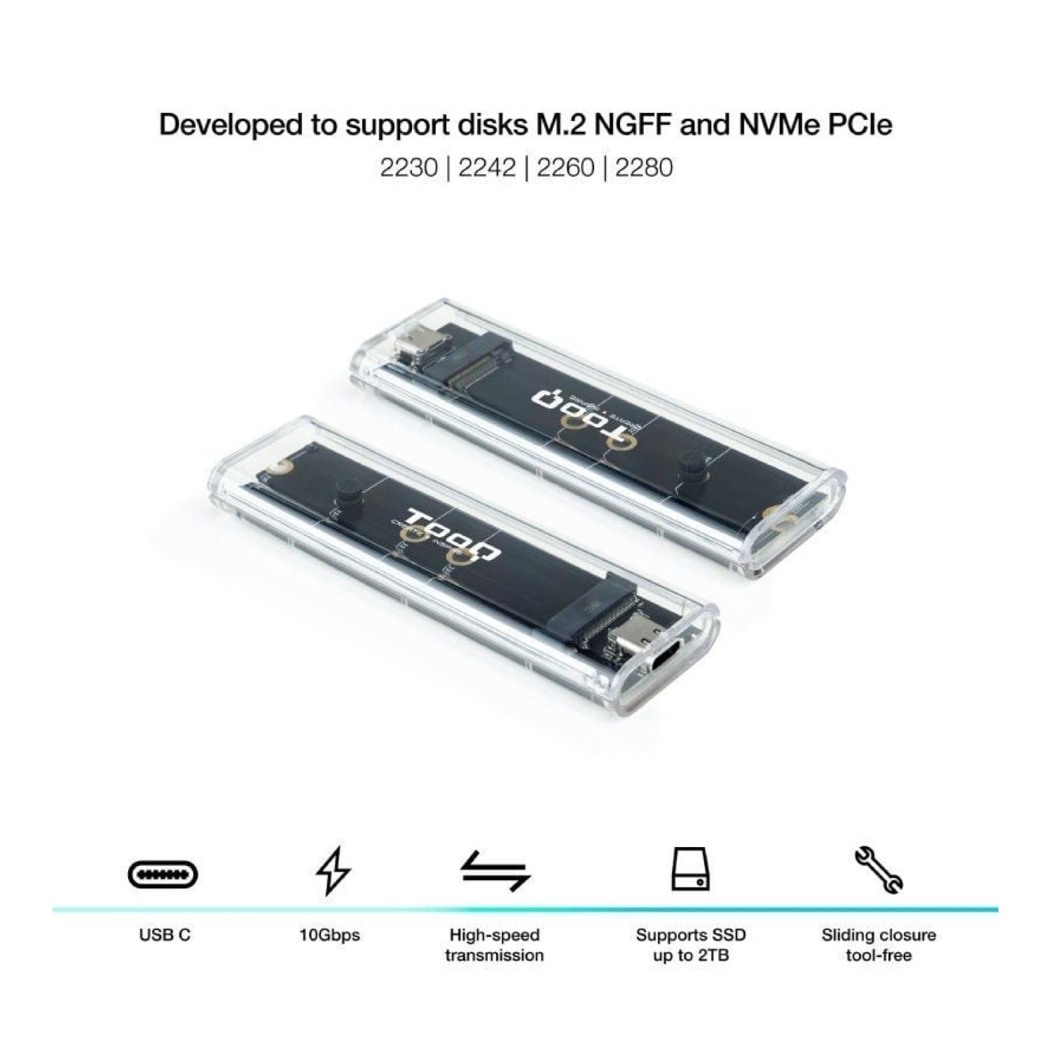 TooQ Caja Externa M.2 NVMe · USB 3.1 Gen2 · Sin tornillos