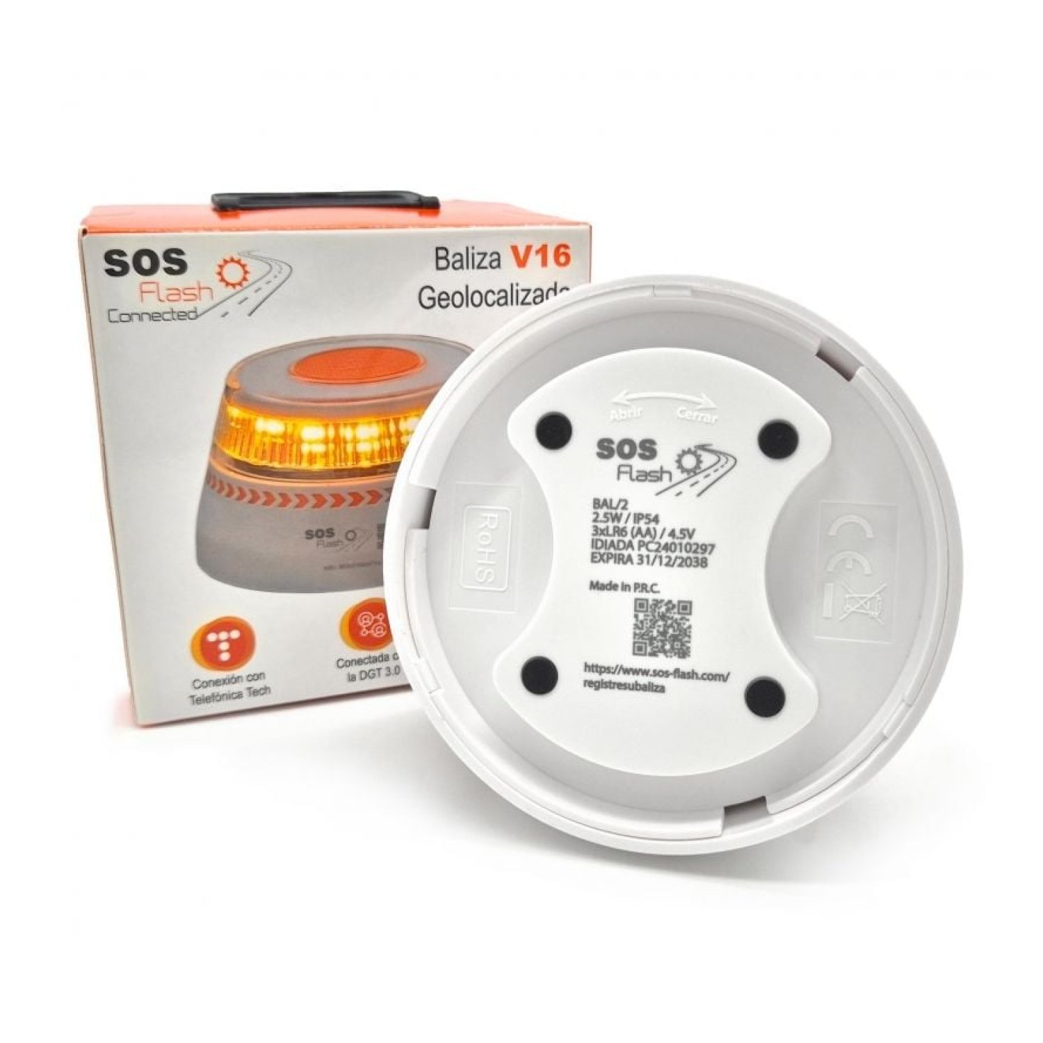 SOS Flash V16 Connected · Luz Baliza Emergencia Coche · IoT Geolocalizable · Base Imantada · Homologada