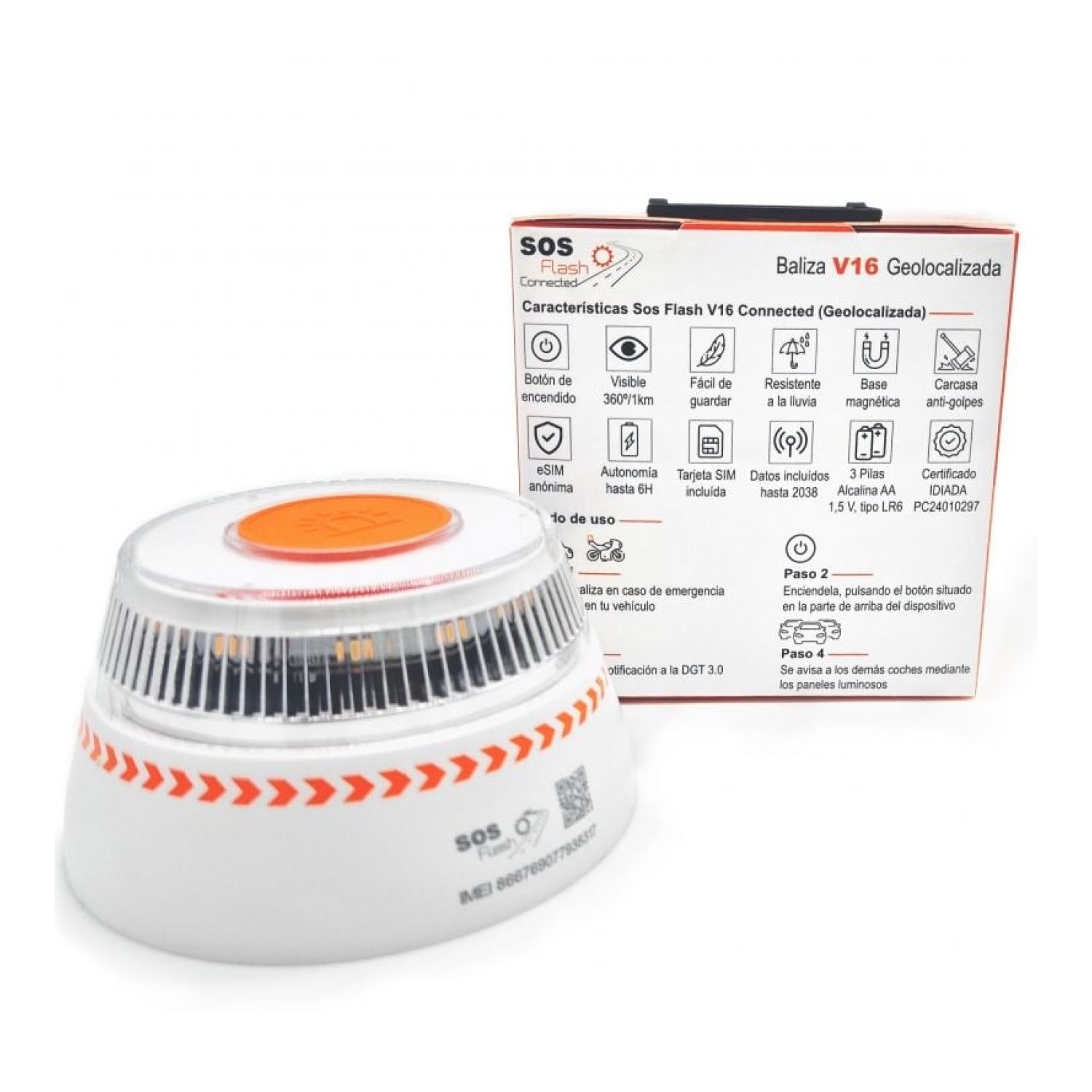 SOS Flash V16 Connected · Luz Baliza Emergencia Coche · IoT Geolocalizable · Base Imantada · Homologada