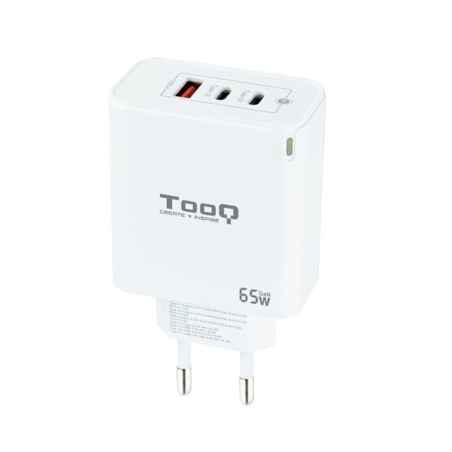 TooQ Cargador GaN · 65W · 2x USB-C · 1x USB · Carga Rápida