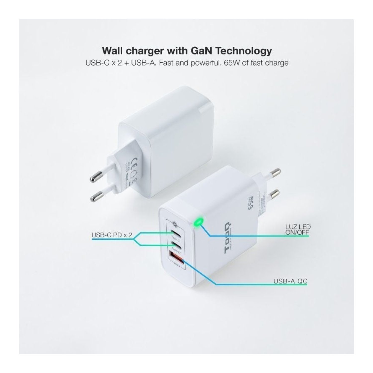 TooQ Cargador GaN · 65W · 2x USB-C · 1x USB · Carga Rápida