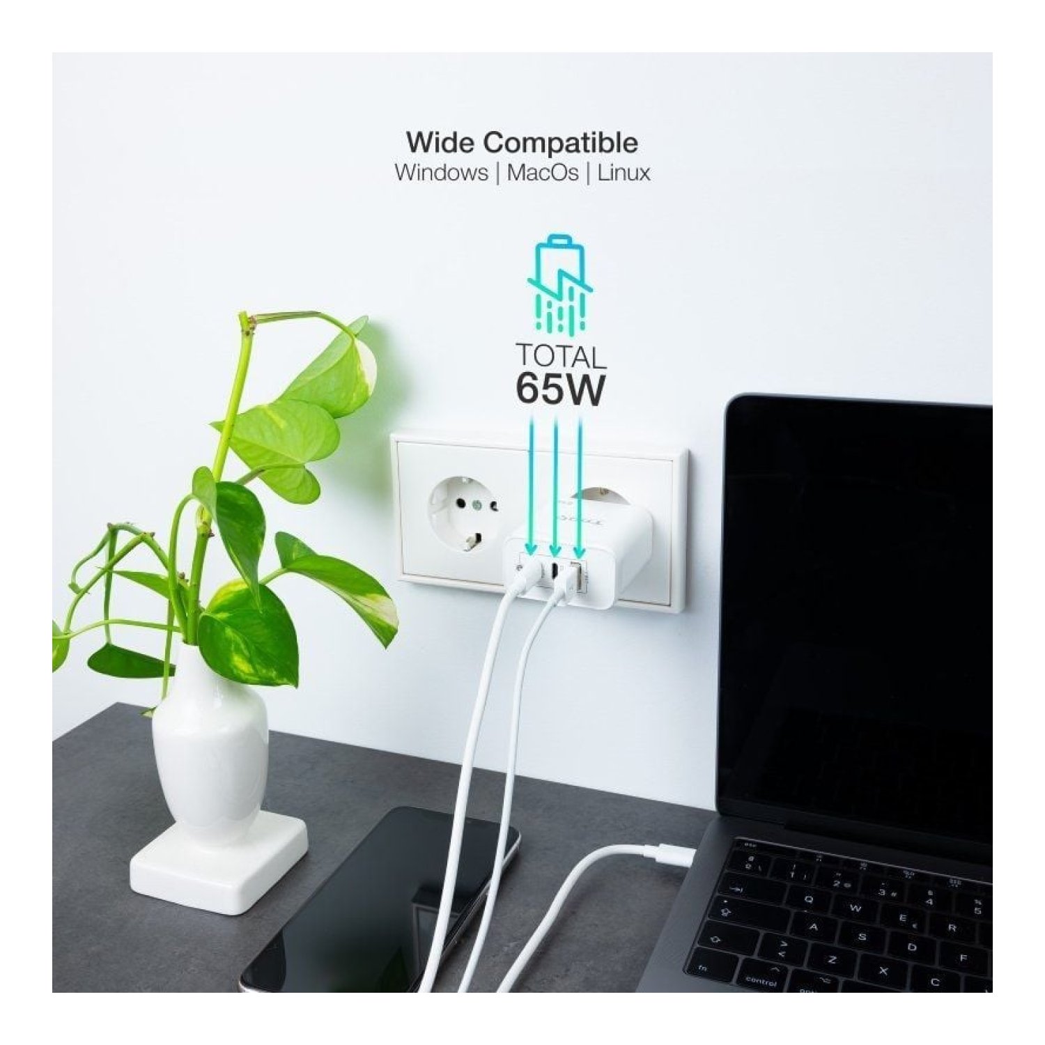 TooQ Cargador GaN · 65W · 2x USB-C · 1x USB · Carga Rápida