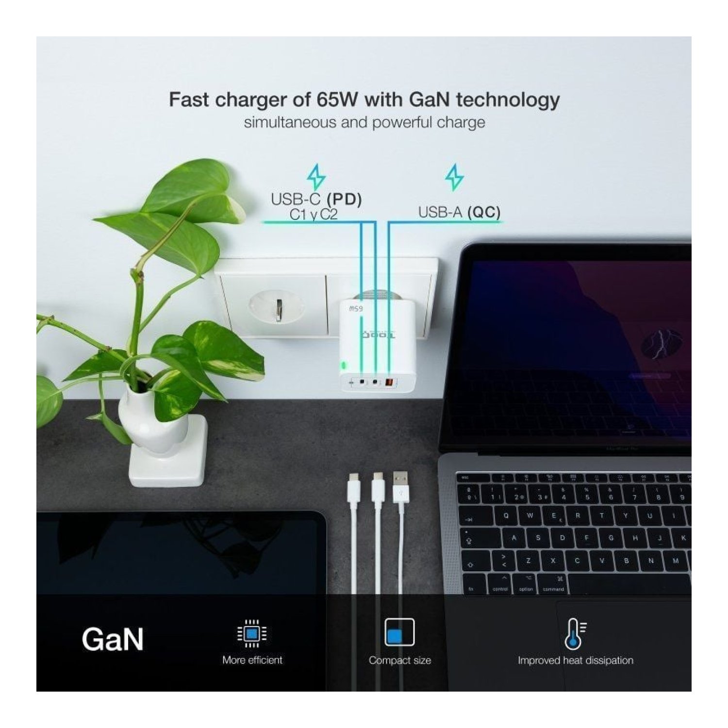 TooQ Cargador GaN · 65W · 2x USB-C · 1x USB · Carga Rápida