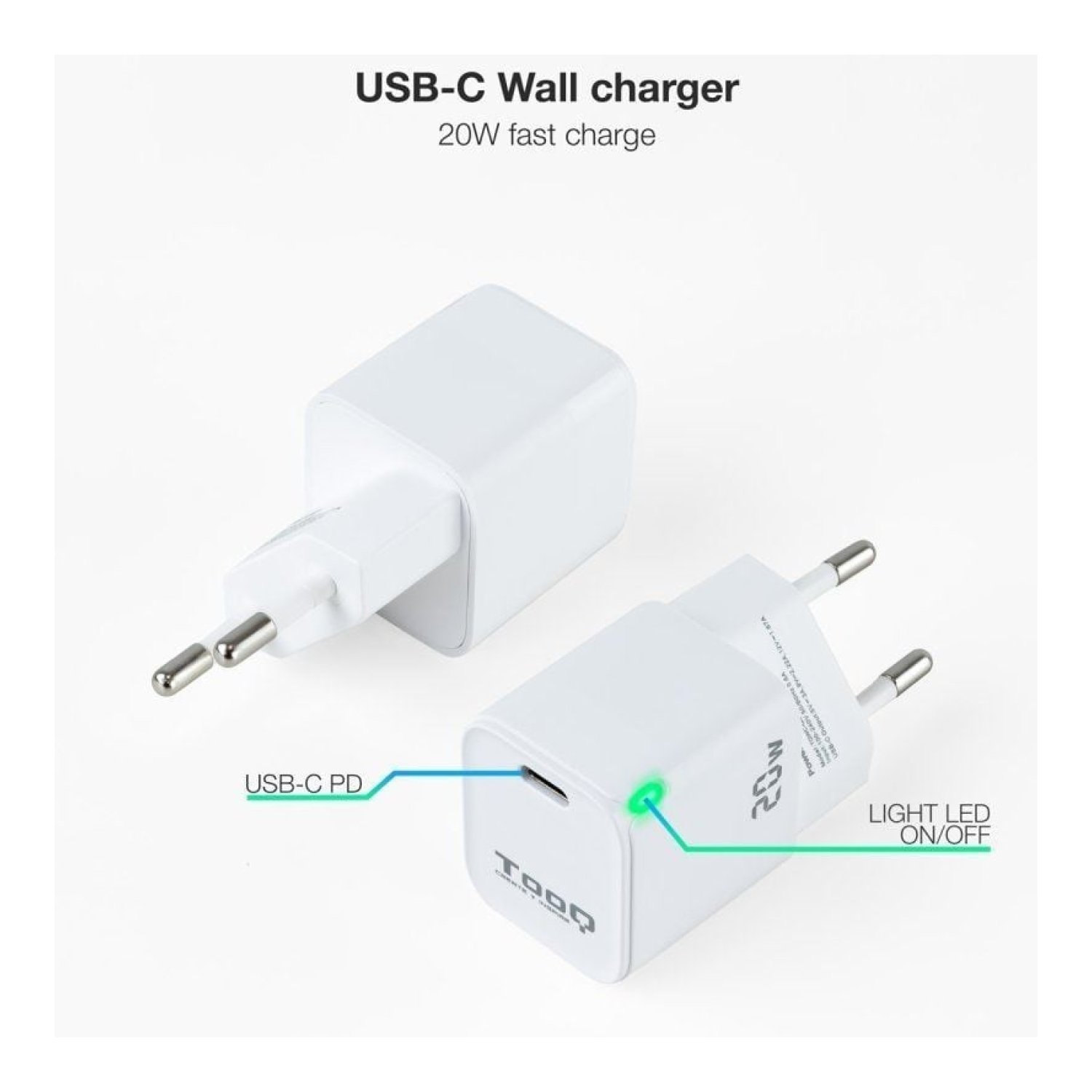 TooQ Cargador Pared · USB Tipo-C · 20W · Blanco