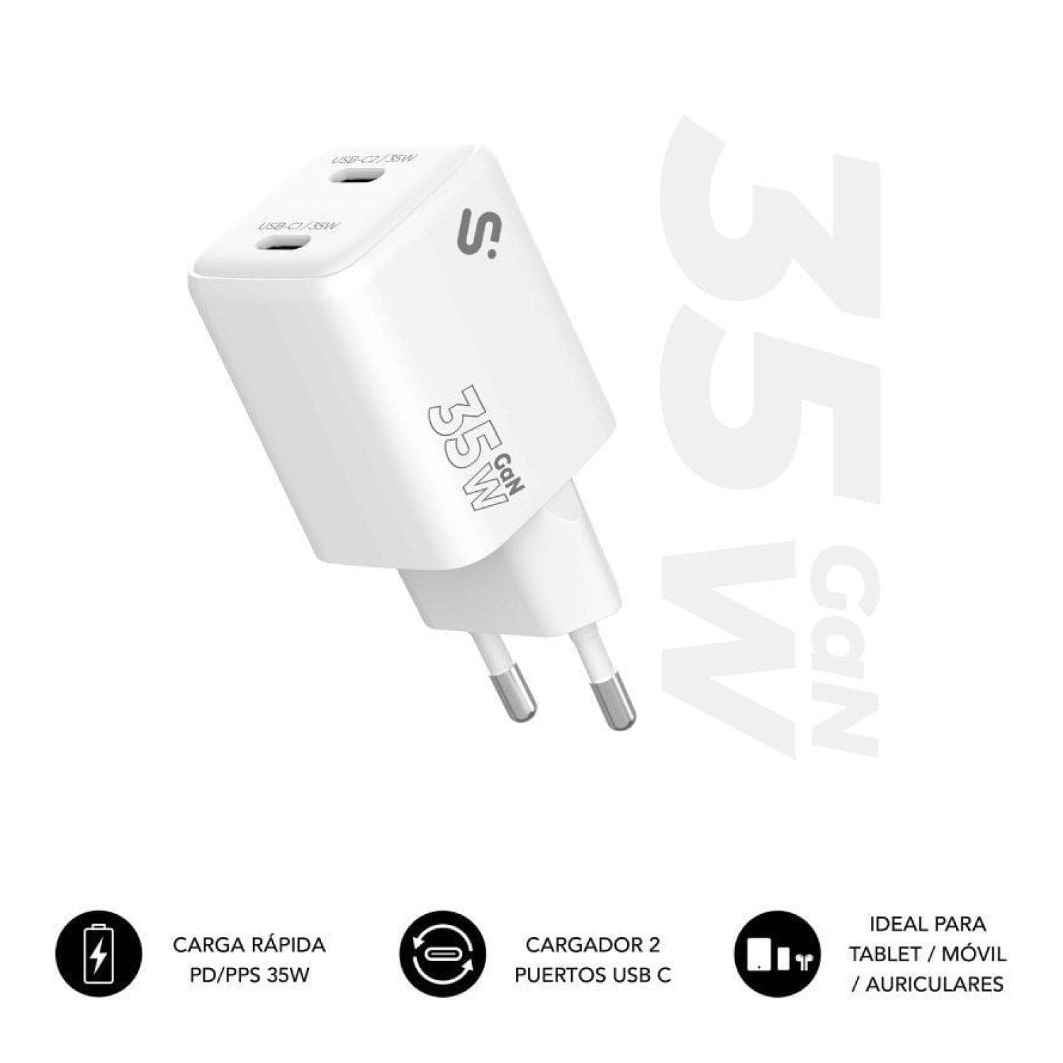 Subblim Cargador GaN 35W · 2x USB-C · Carga Rápida