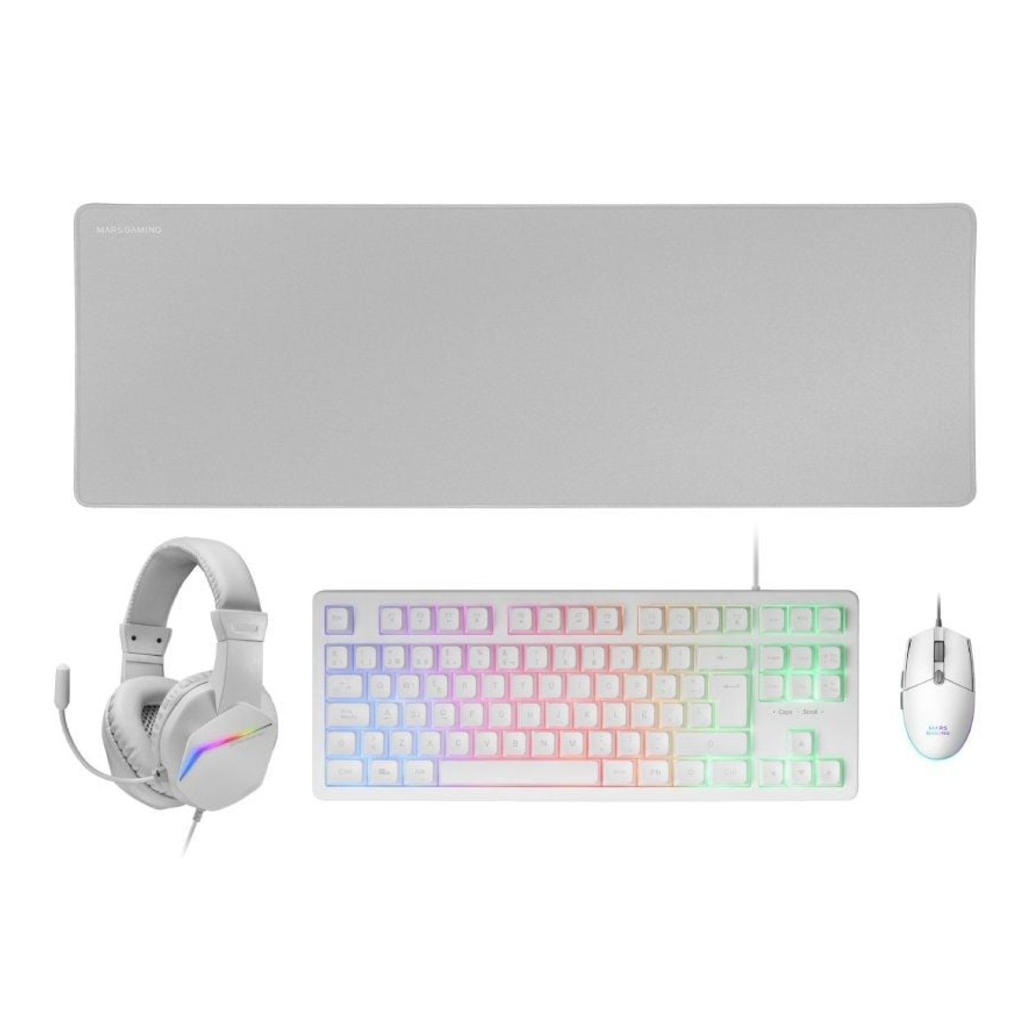 Mars Gaming MCP-RGB3W · Pack Gaming Completo · Teclado + Ratón Óptico + Alfombrilla XXL + Auriculares RGB