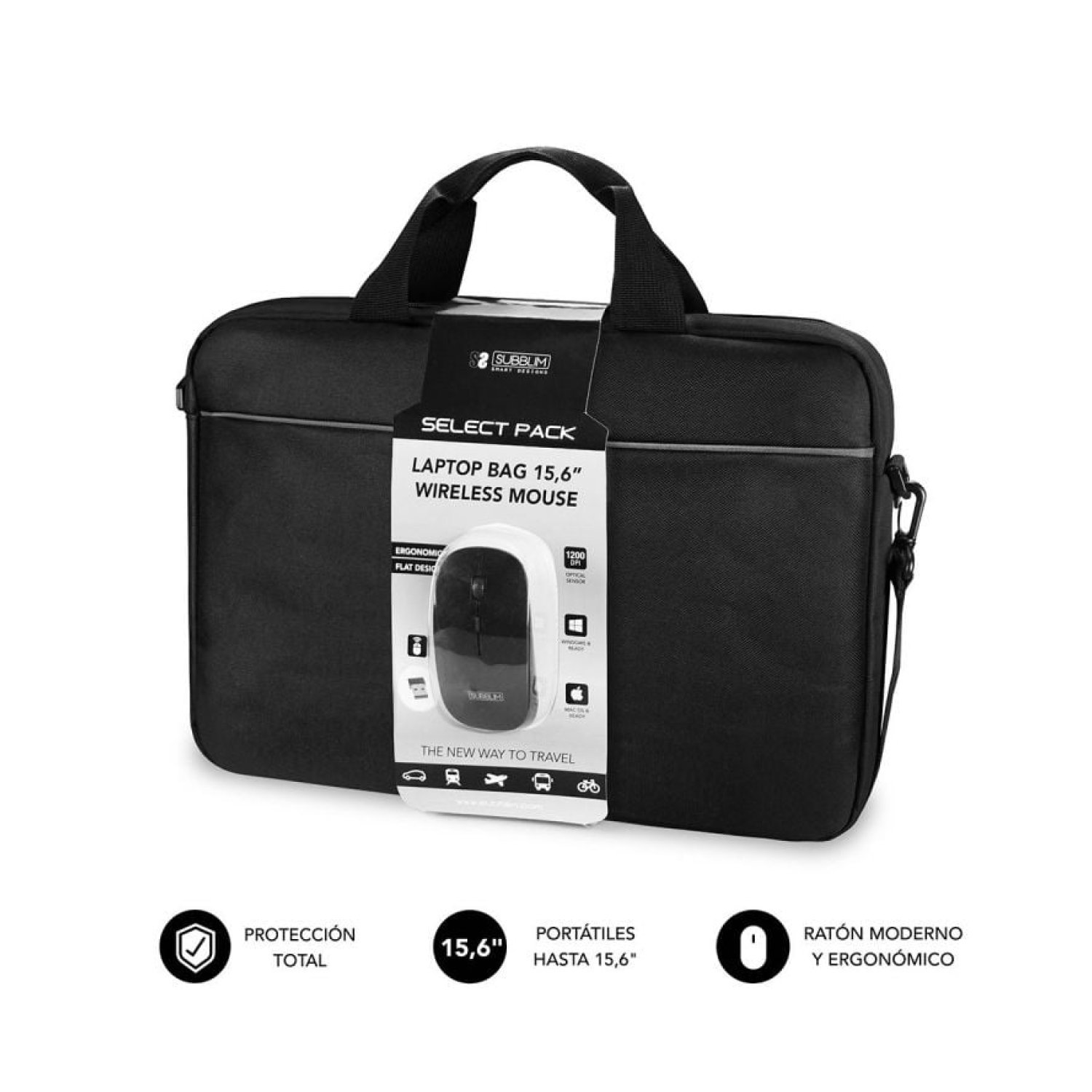 Subblim Select Pack · Maletín 15,6" + Ratón Inalámbrico · Negro · Cinta Trolley