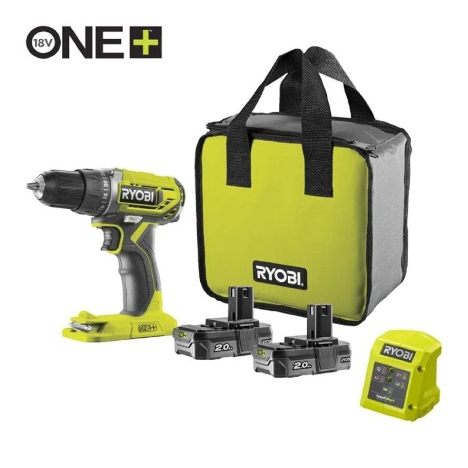 Ryobi ONE+ R18DD2-220S · Taladro-Atornillador 18V · 2 Baterías 2,0 Ah · Cargador · Bolsa