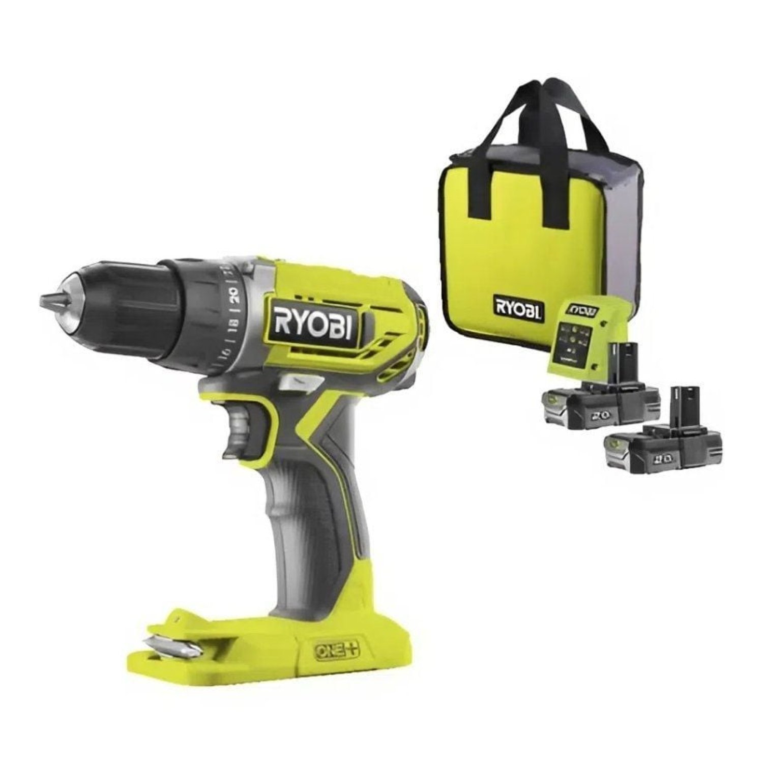 Ryobi ONE+ R18DD2-220S · Taladro-Atornillador 18V · 2 Baterías 2,0 Ah · Cargador · Bolsa