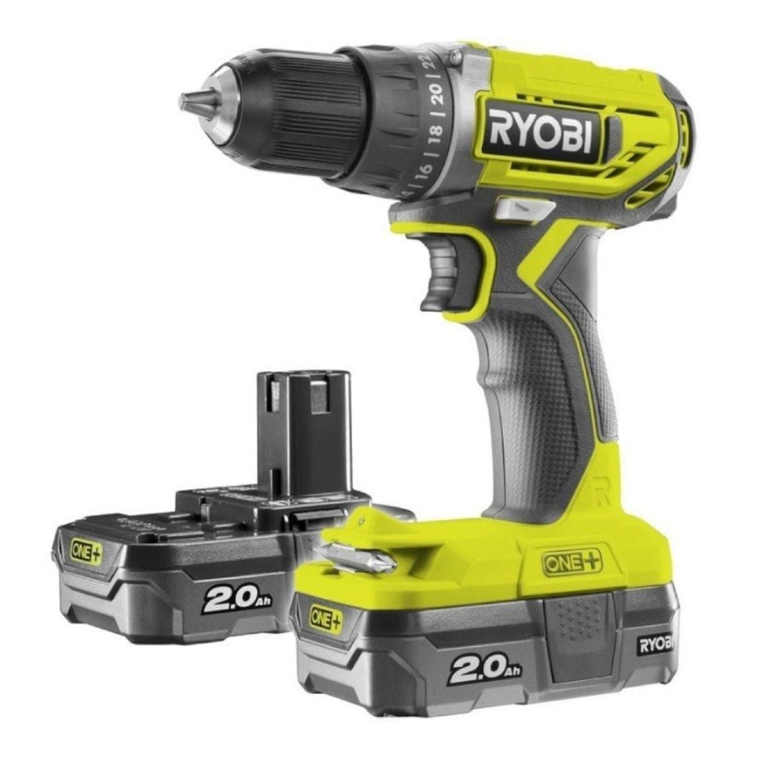 Ryobi ONE+ R18DD2-220S · Taladro-Atornillador 18V · 2 Baterías 2,0 Ah · Cargador · Bolsa