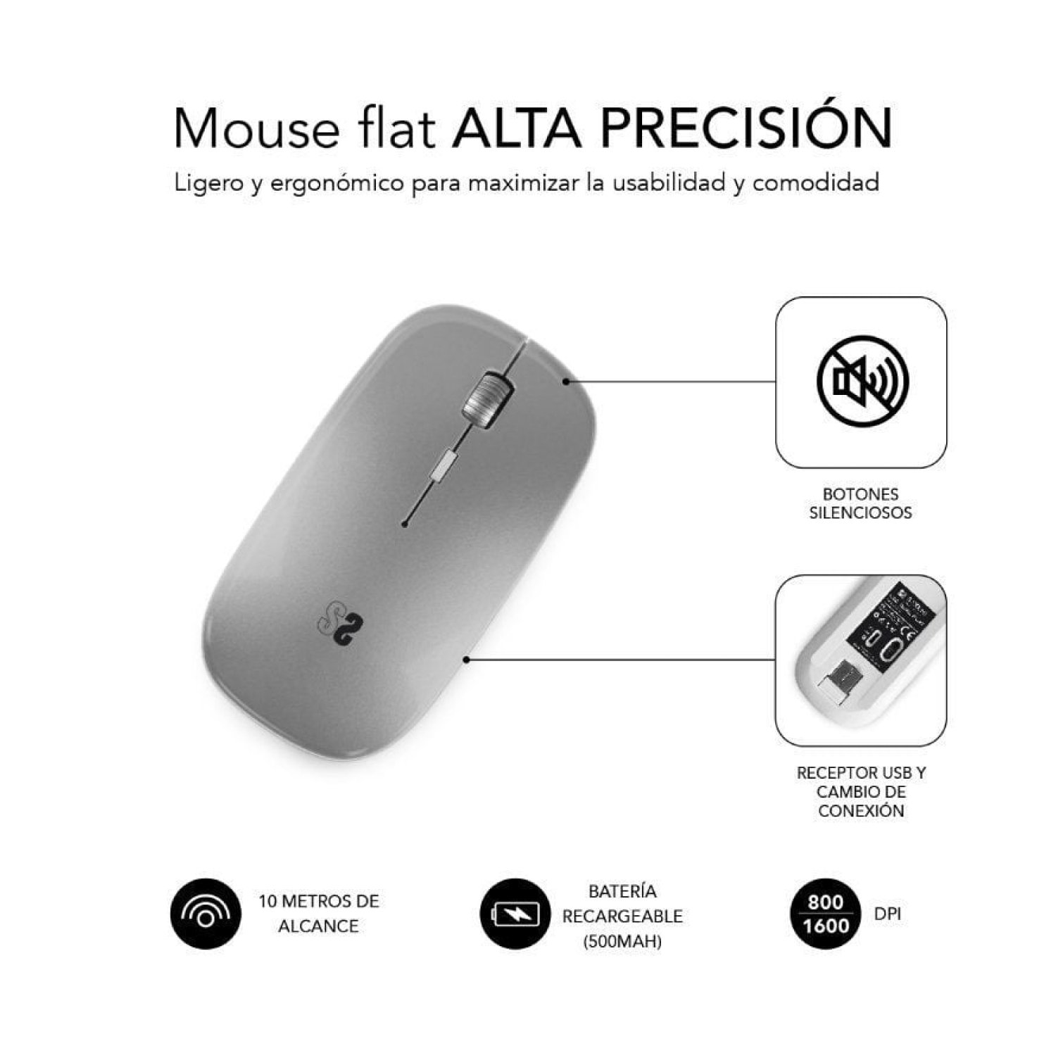 Subblim Dual Flat · Ratón Inalámbrico · 1600 DPI · Batería Recargable