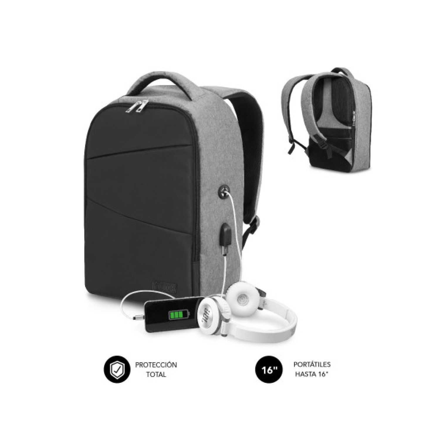 Subblim Secure V2 · Mochila Antirrobo · 15,6" · Puerto USB · Gris