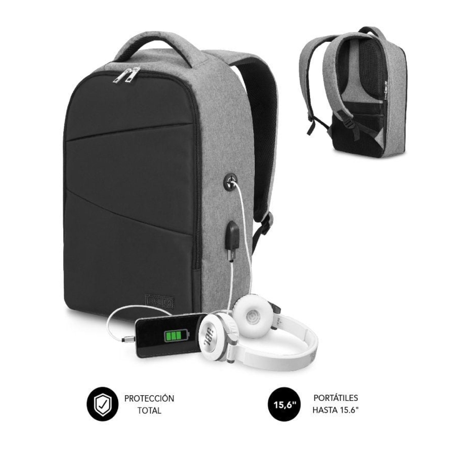Subblim Secure V2 · Mochila Antirrobo · 15,6" · Puerto USB · Gris