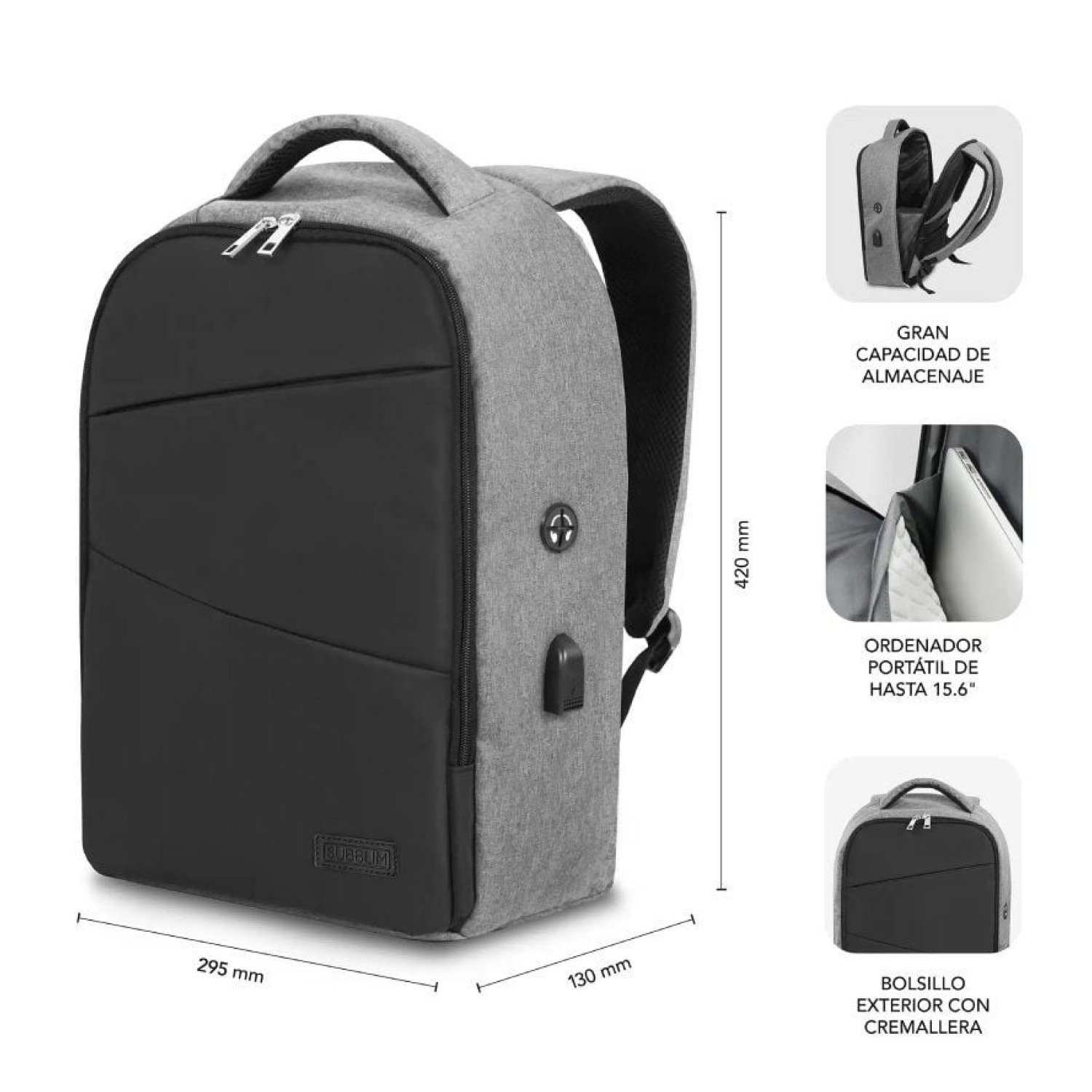 Subblim Secure V2 · Mochila Antirrobo · 15,6" · Puerto USB · Gris