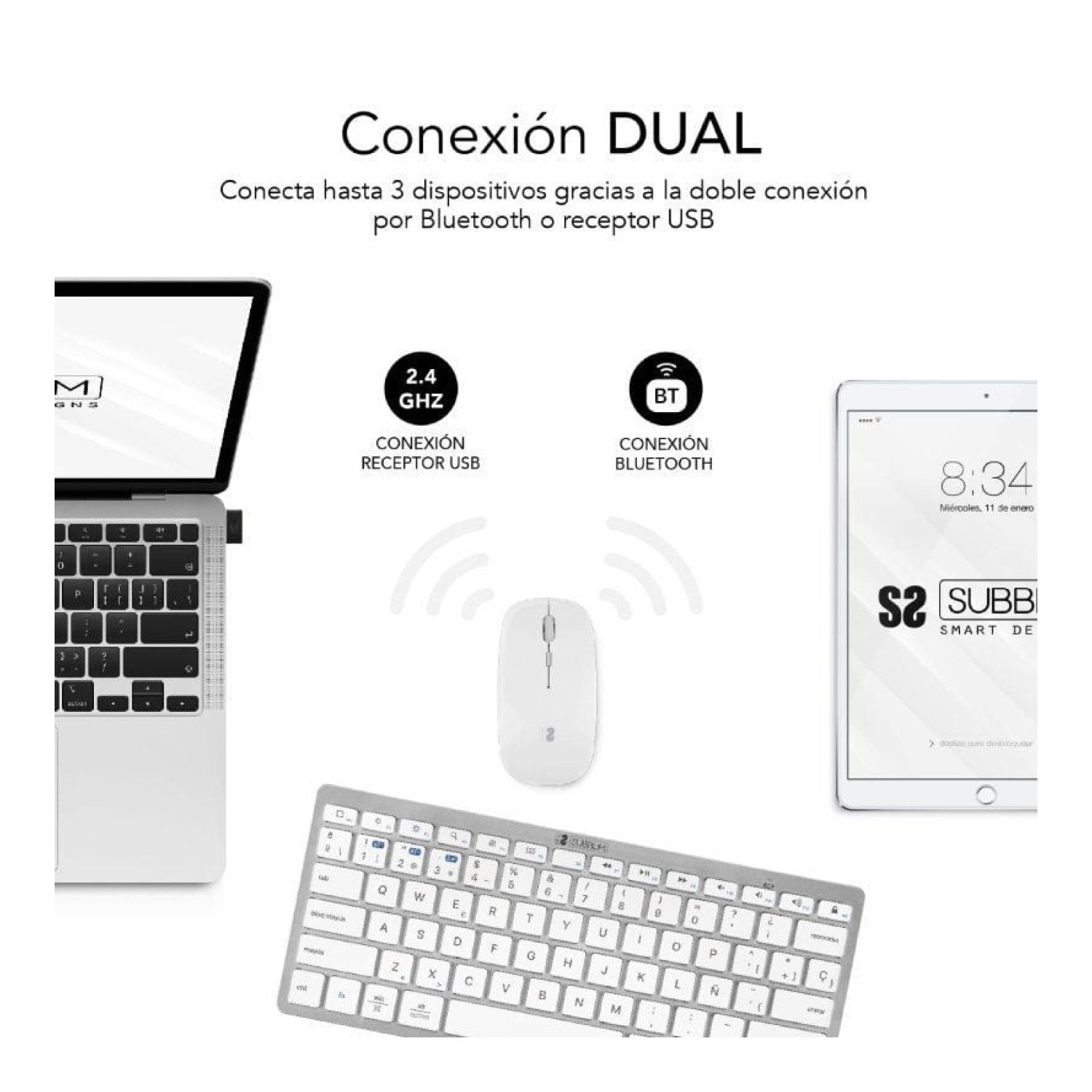 Subblim OCO010 · Teclado y Ratón Inalámbrico · Multidispositivo Compacto · Plata