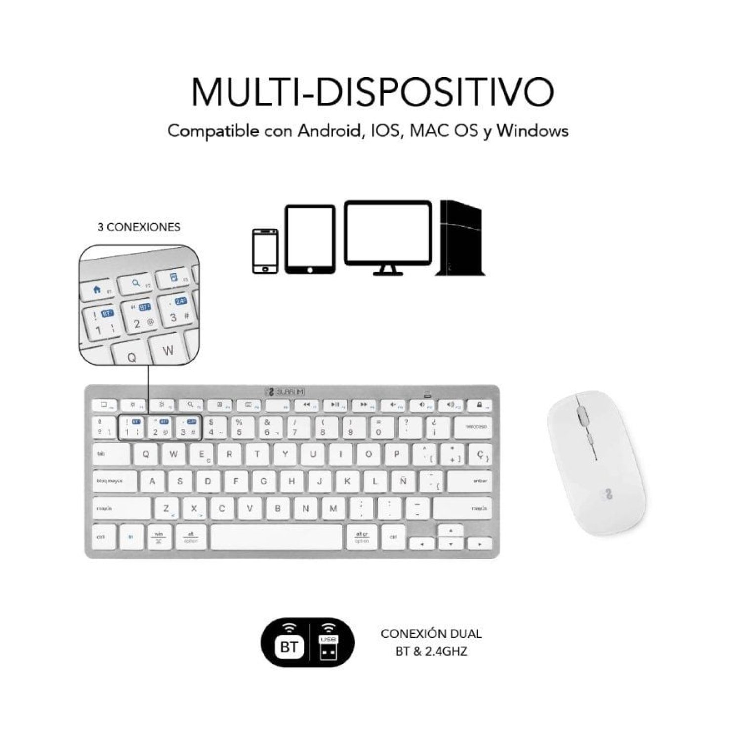 Subblim OCO010 · Teclado y Ratón Inalámbrico · Multidispositivo Compacto · Plata