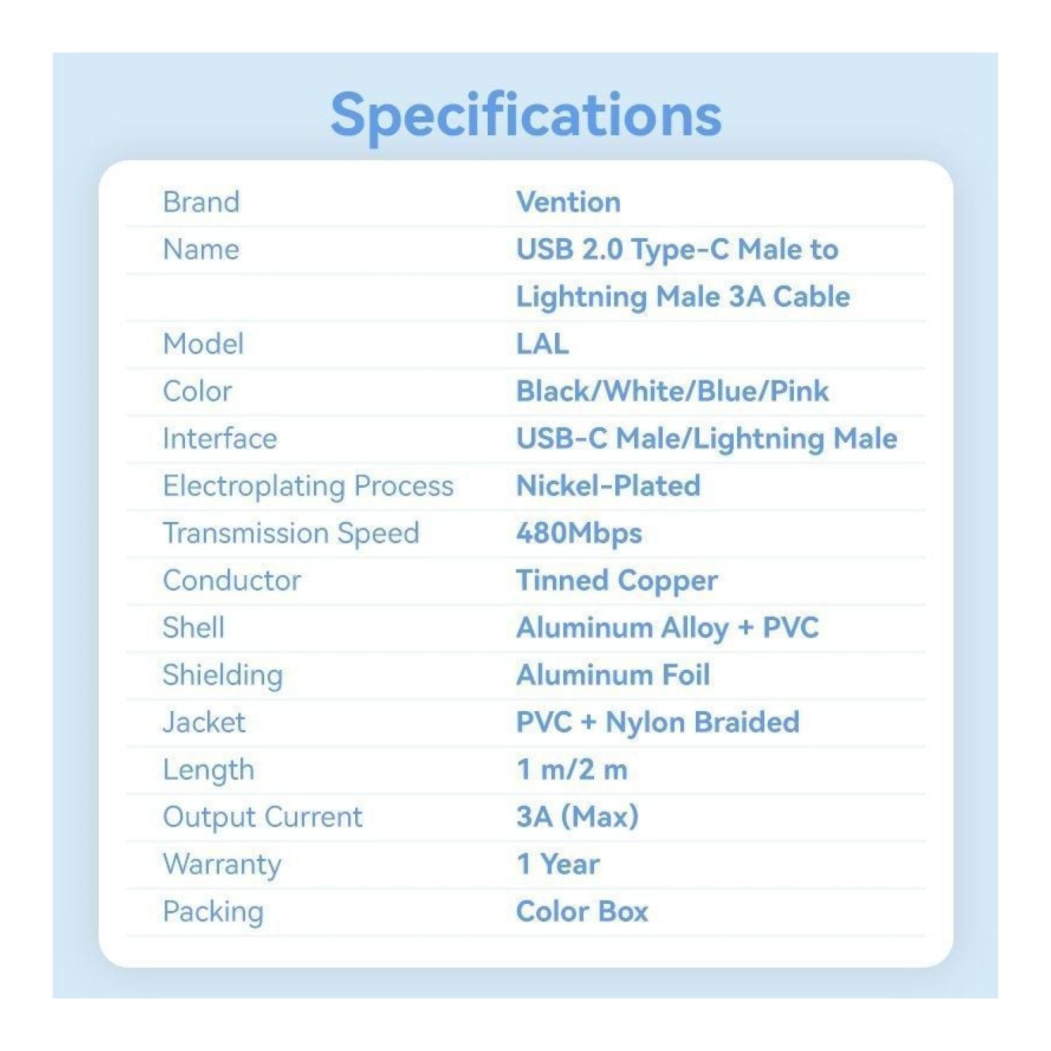 Cable USB Tipo-C Lightning Vention LALWF/ USB Tipo-C Macho - Lightning Macho/ 27W/ 480Mbps/ 1m/ Blanco