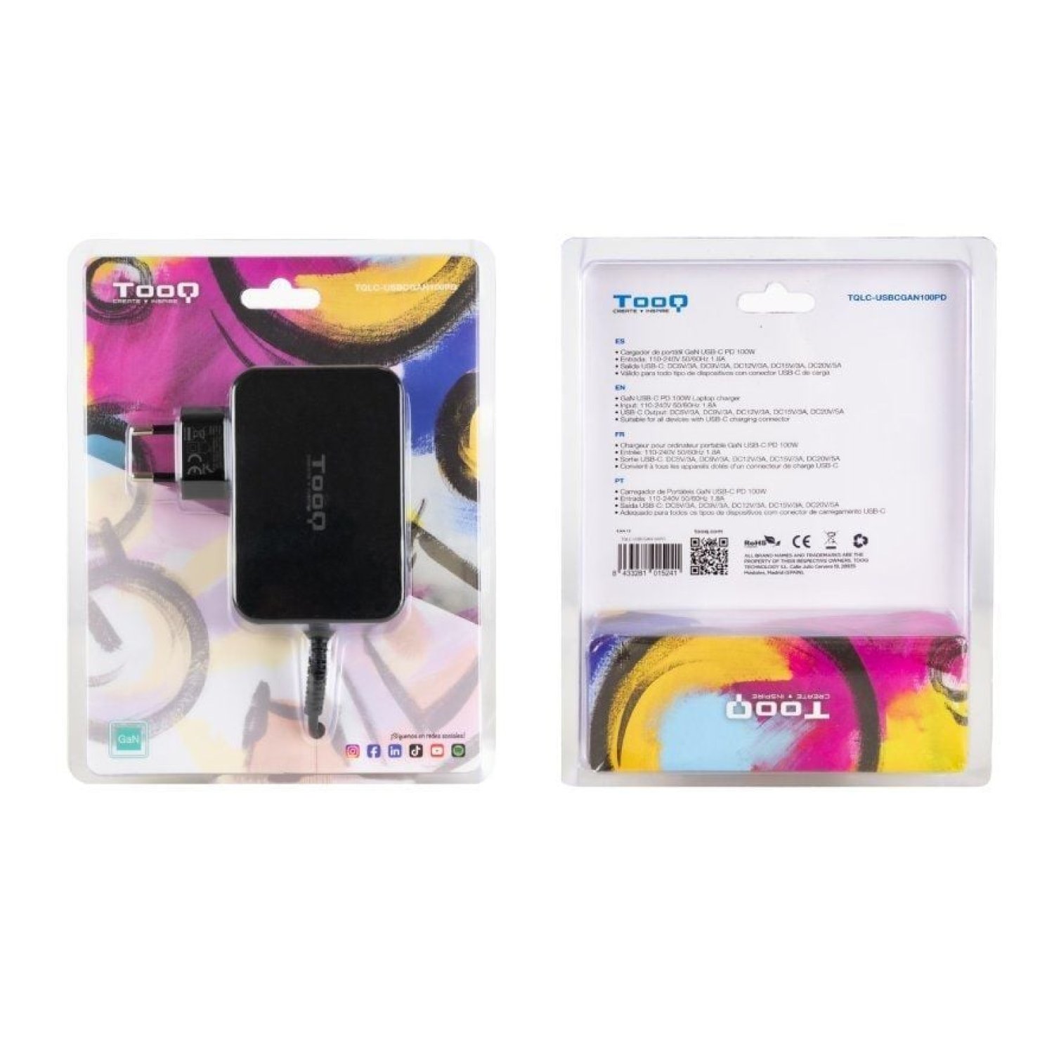 TooQ Cargador GaN · USB-C · 100W · 5-20V Automático