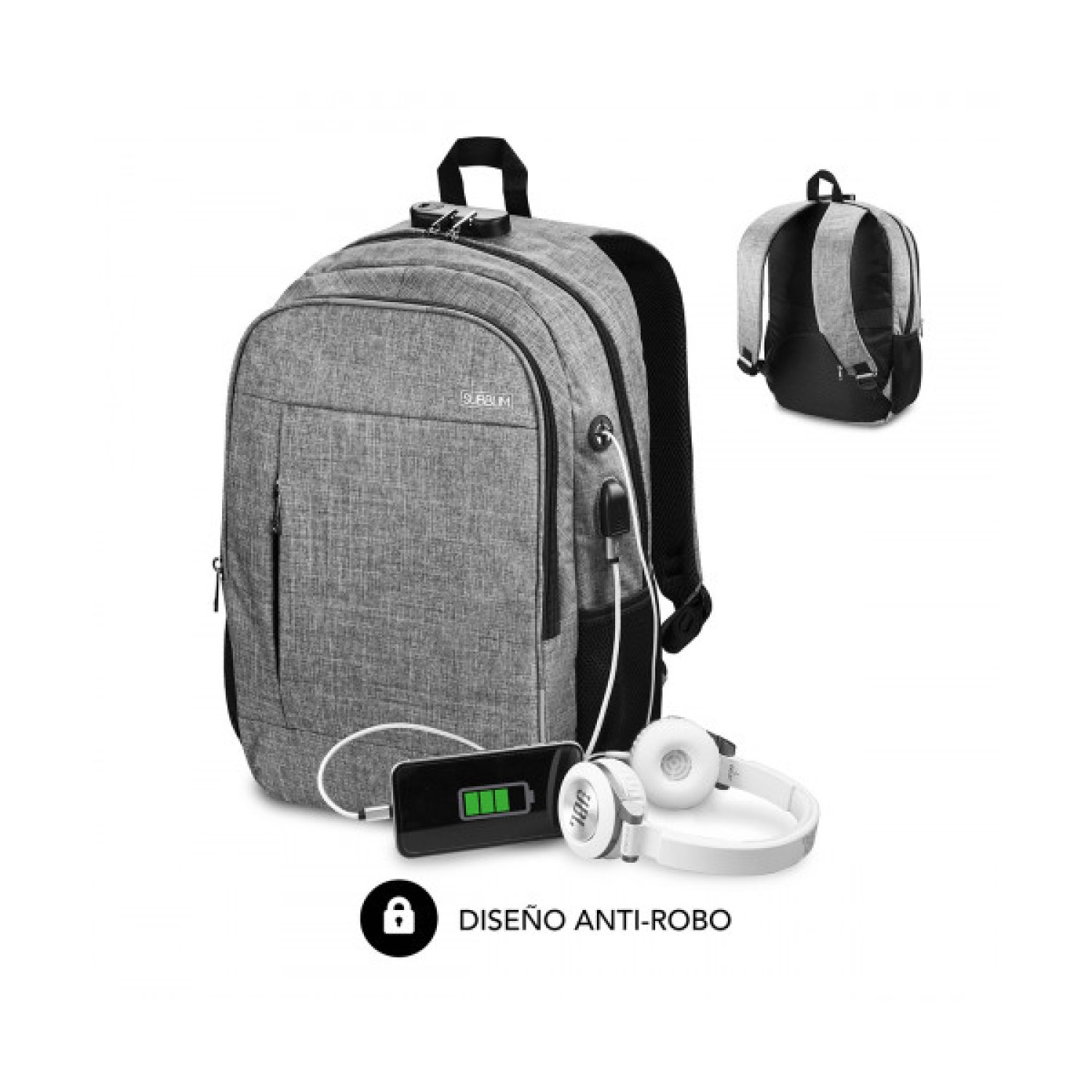 Subblim Urban Lock · Mochila Antirrobo · Hasta 16" · Puerto USB · Gris