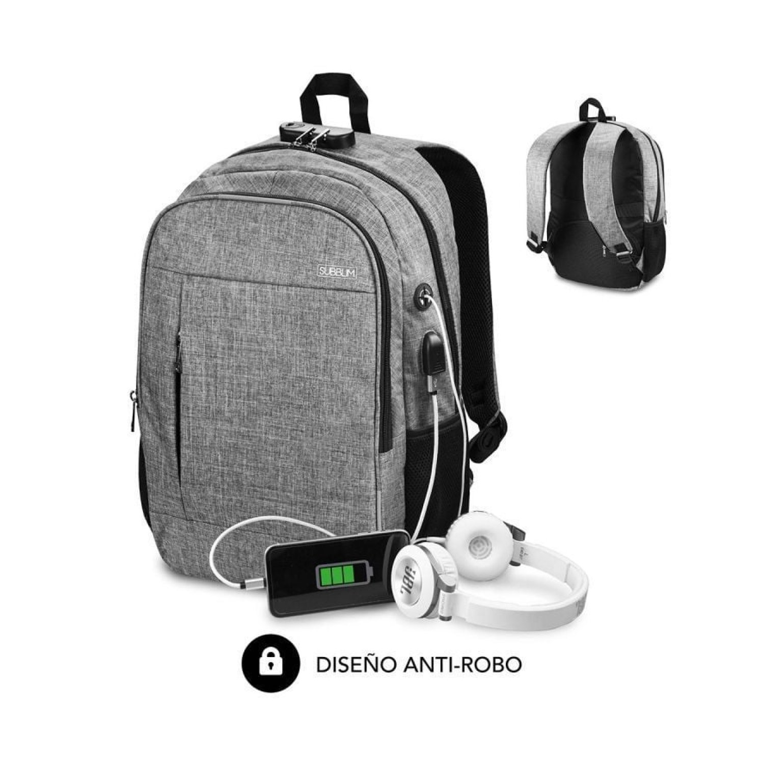 Subblim Urban Lock · Mochila Antirrobo · Hasta 16" · Puerto USB · Gris