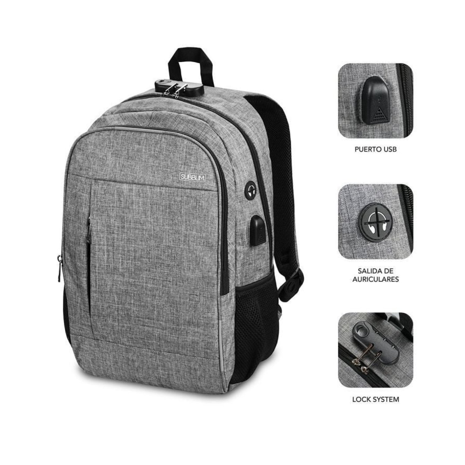 Subblim Urban Lock · Mochila Antirrobo · Hasta 16" · Puerto USB · Gris