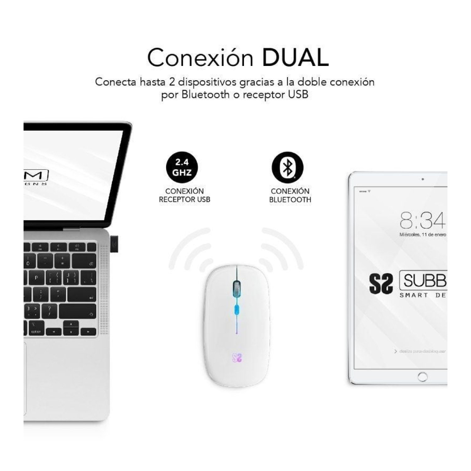 Subblim · Ratón Inalámbrico LED Dual · Batería Recargable · 1600 DPI · Blanco