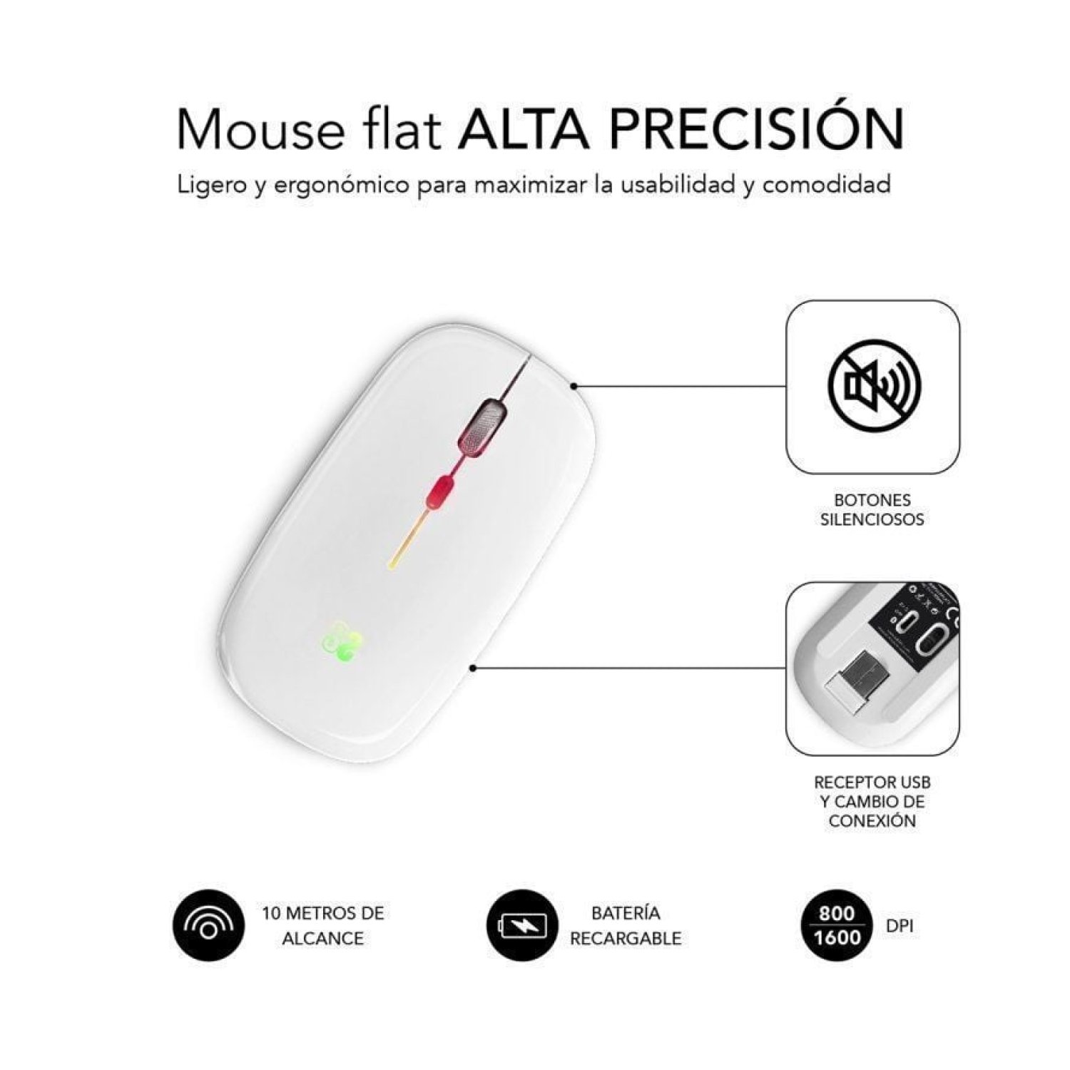 Subblim · Ratón Inalámbrico LED Dual · Batería Recargable · 1600 DPI · Blanco