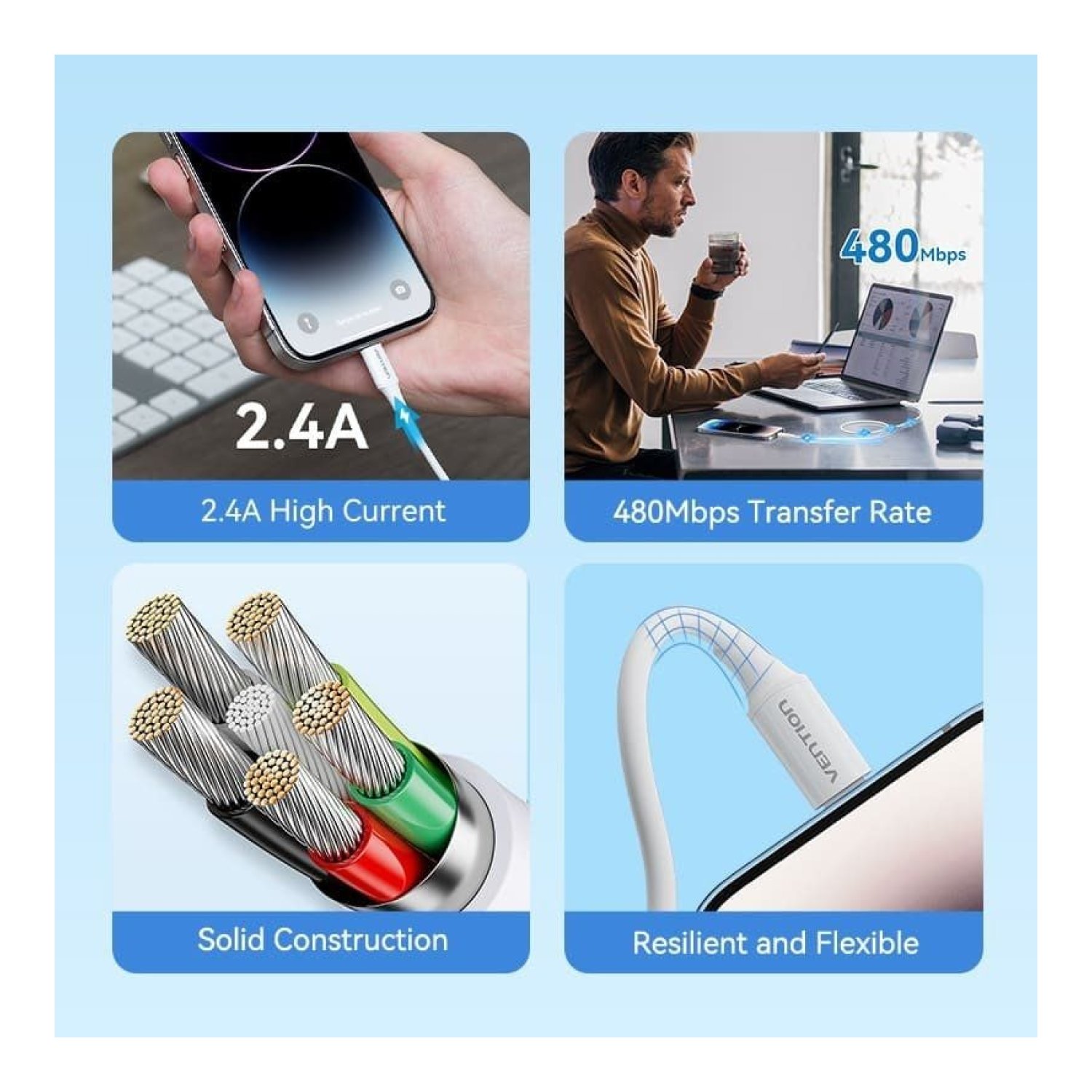 Cable USB 2.0 Lightning Vention LAIWF/ USB Macho - Lightning Macho/ 480Mbps/ 1m/ Blanco