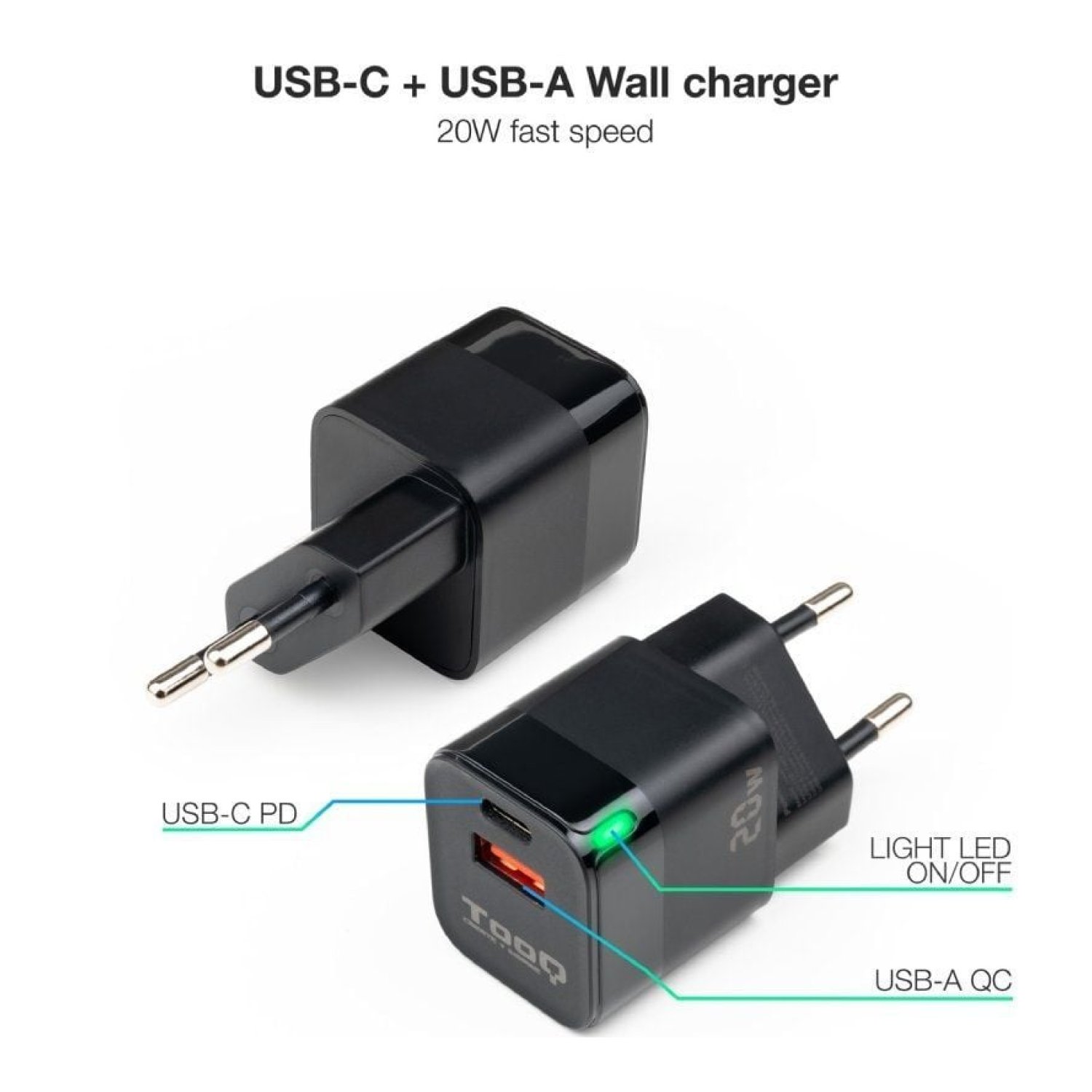 TooQ Cargador Pared · 20W · USB Tipo-C + USB